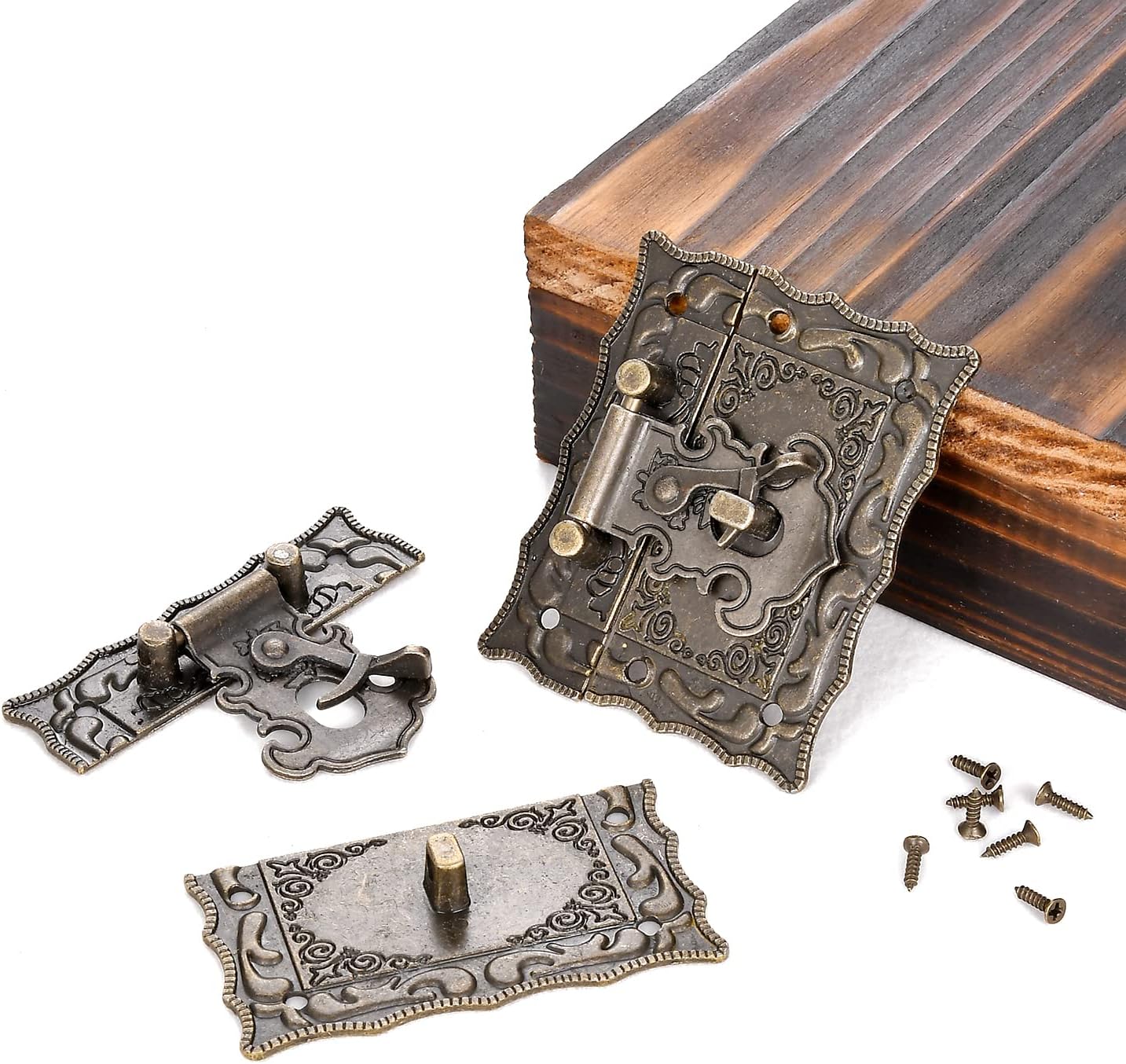 Jewelry Box Hinges - Retro Design Decorative Locking Hinges - Vintage Tool Box Latch Decorative Hasp Latch Buckle with 12 Antique Bronze Engraved Designs and 100 Screws