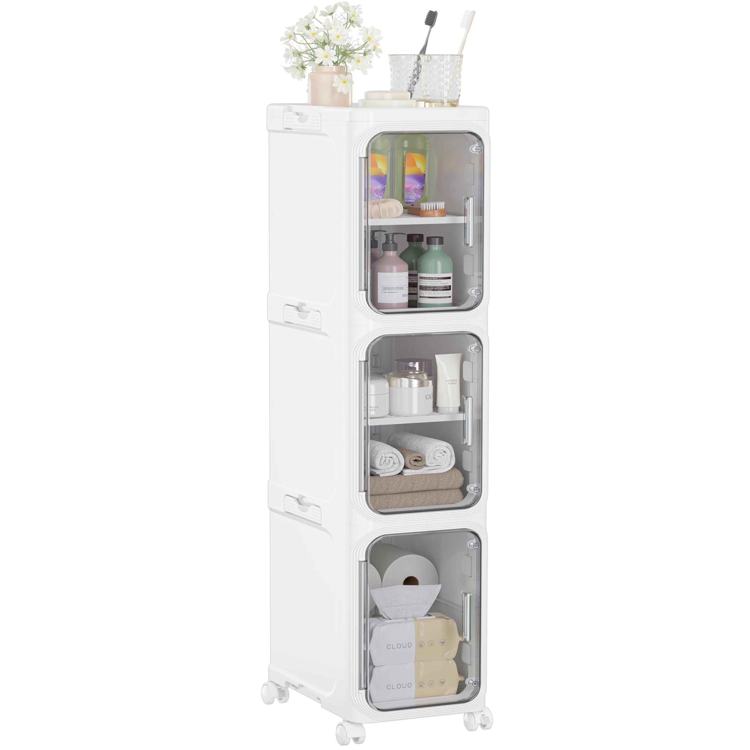 HOMIDEC Bathroom Storage, 3 Tier Narrow Bathroom Cabinet with Wheels and Removable Shelf, Slim Bathroom Storage Unit Free Standing for Toilet Roll, Towel, Shower, Clear Smoke