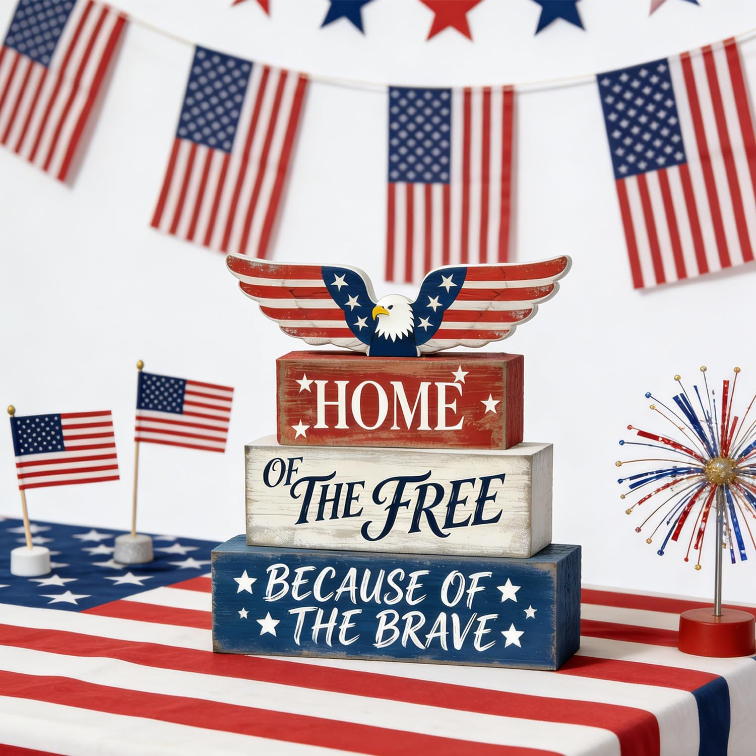 4th of July Table Decorations Patriotic Memorial Day Tiered Tray Decor Wooden Eagle Block Signs Independence Farmhouse 250th July Fouth Centerpiece for Tables Wooden Sign for Home Decor