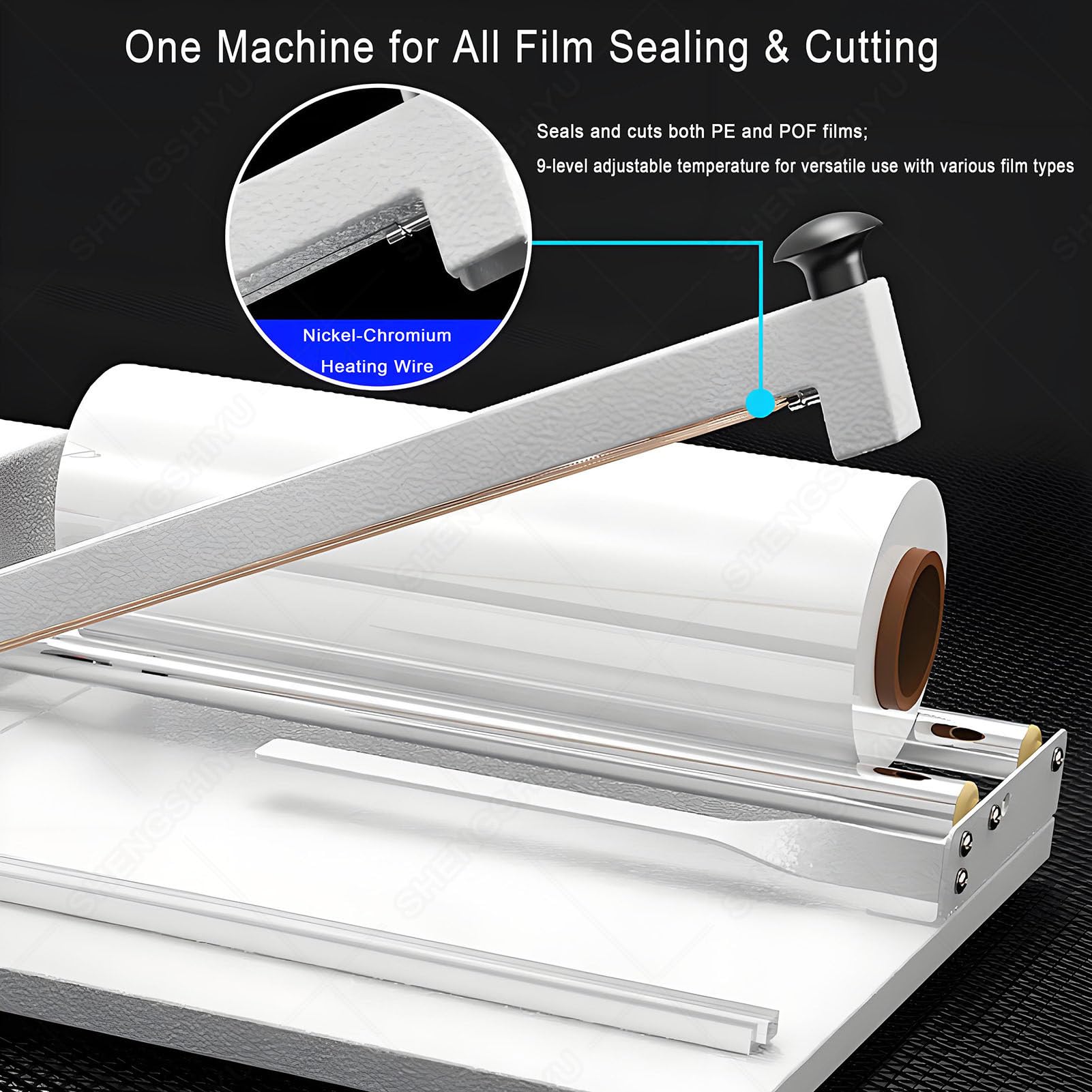 Machine d'emballage rétractable avec pistolet thermique, température réglable, taille personnalisée, compatible avec les films rétractables POF/PE, longueur d'étanchéité 60 cm, idéal pour l'emballage