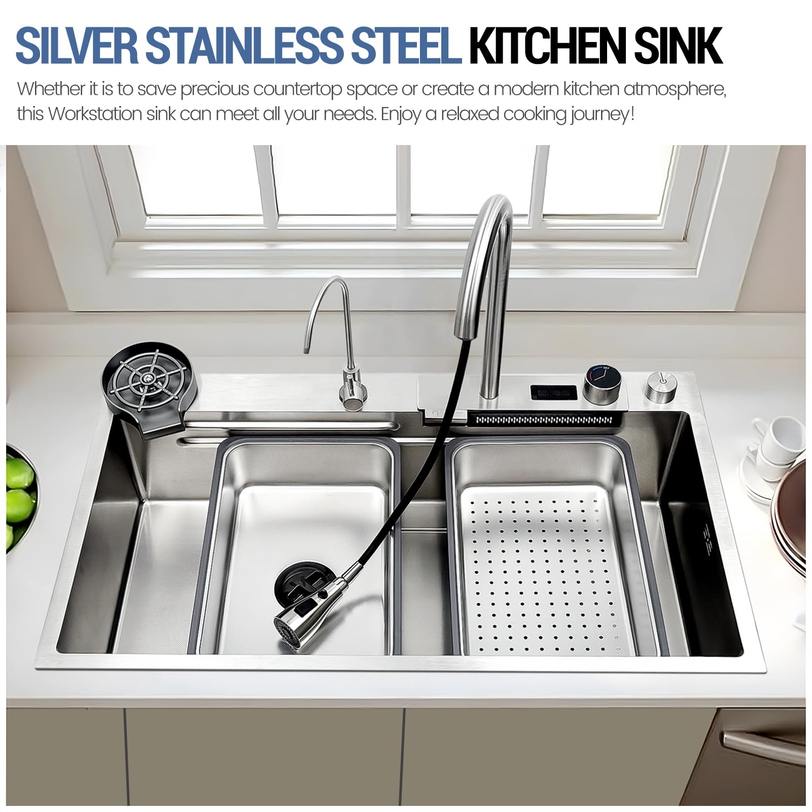 Fregadero de cocina plateado de 85 x 50 cm, acero inoxidable 304, cascada con grifo extensible, lavavajillas de cristal, tabla de cortar, sifón, tubo de drenaje, fregadero multifuncional, fregadero de