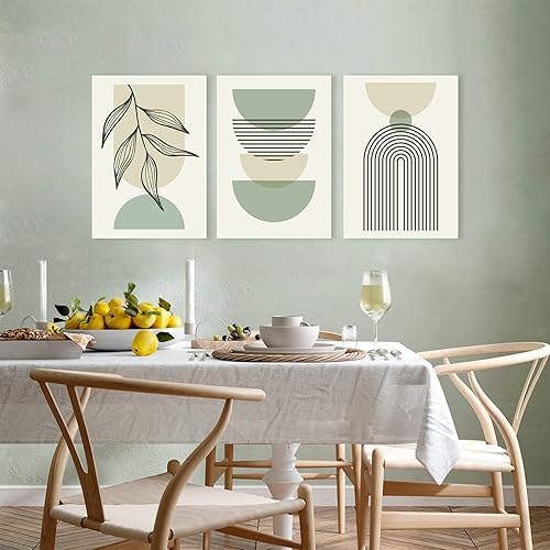 Juego de 3 arte de pared bohemio verde salvia, arte minimalista enmarcado para pared, arte de pared con líneas geométricas de hoja, lienzo beige y