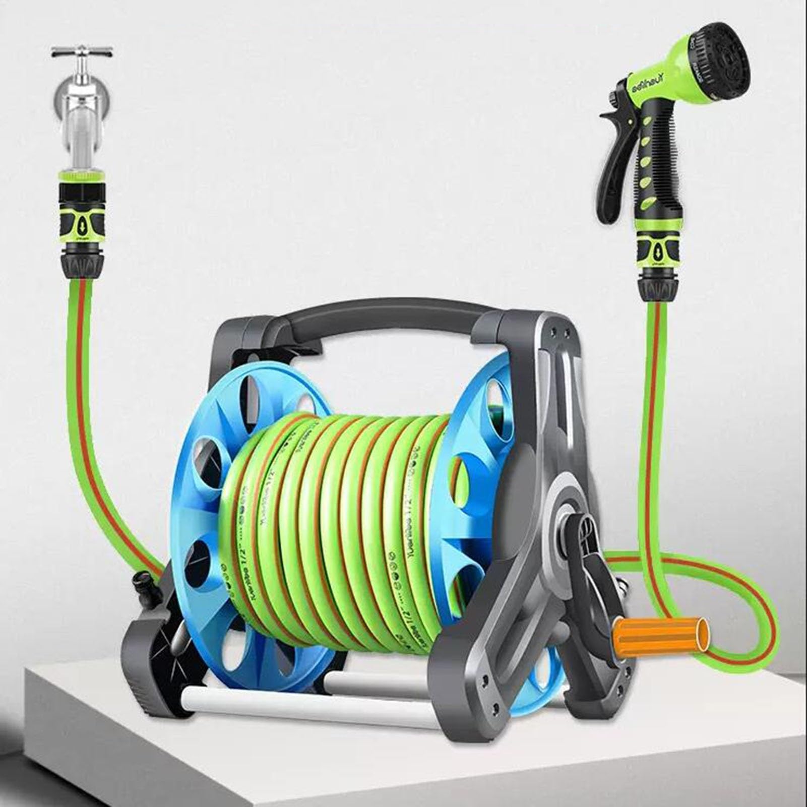 Kit avvolgitubo da giardino, portatubo portatile in ABS, carrello mobile avvolgitubo per prato per patio, cortile, garage (Green 20m)