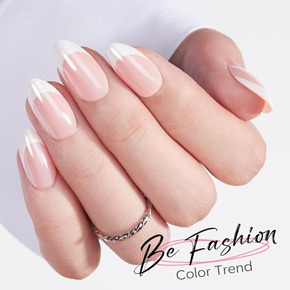 Modelones Chrome French Tip Press on Nails Short Almond 32Pcs Fake Nails