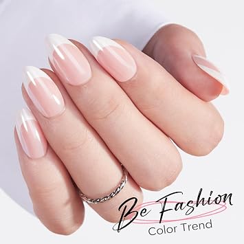 Modelones Chrome French Tip Press on Nails Short Almond 32Pcs Fake Nails