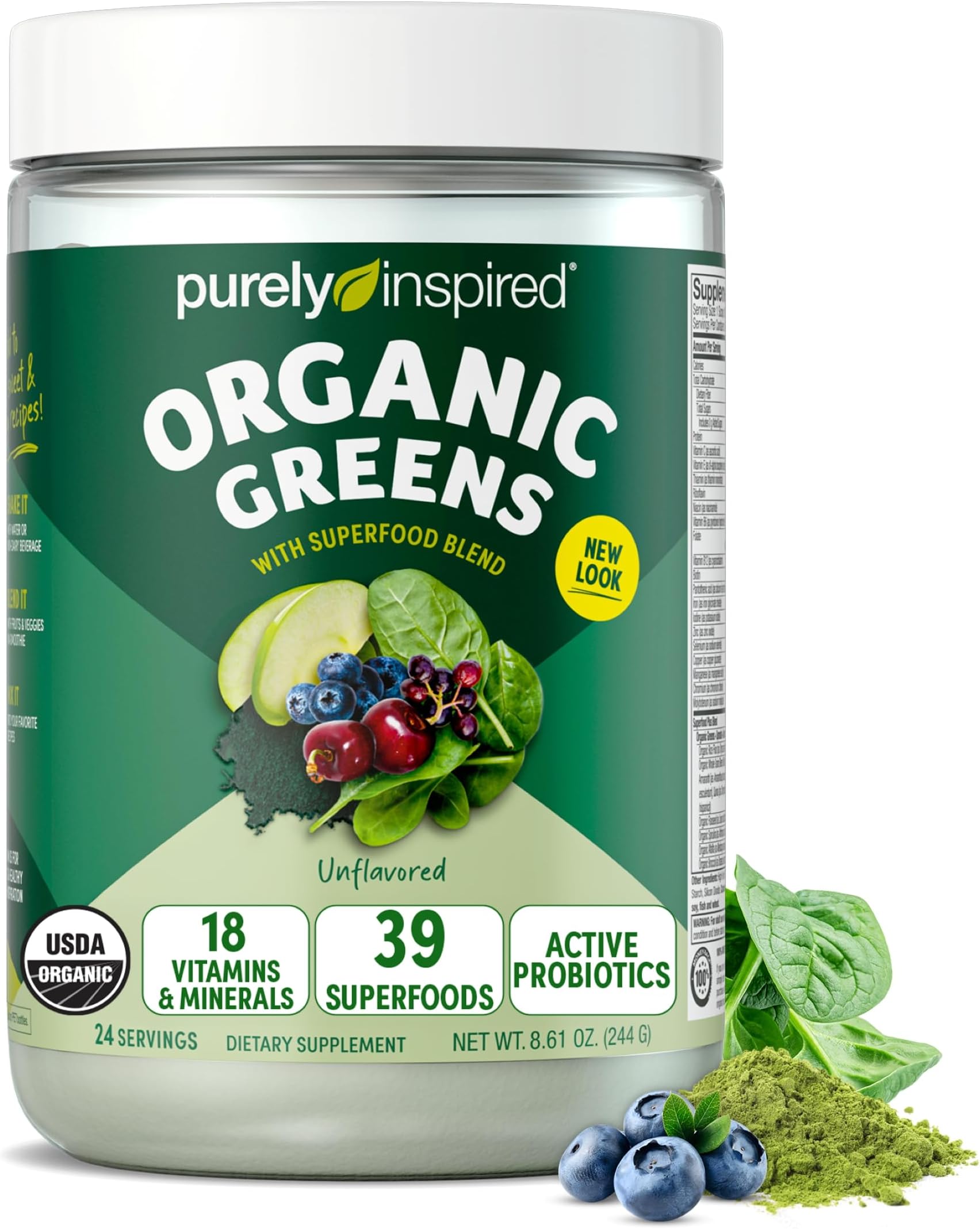 Purely Inspired Organic Greens with SuperFood Blend and Active Probiototics for Digestive Health, Spirulina & Chlorella for Gut Health - Vegan & Gluten-Free, Unflavored 24 Servings