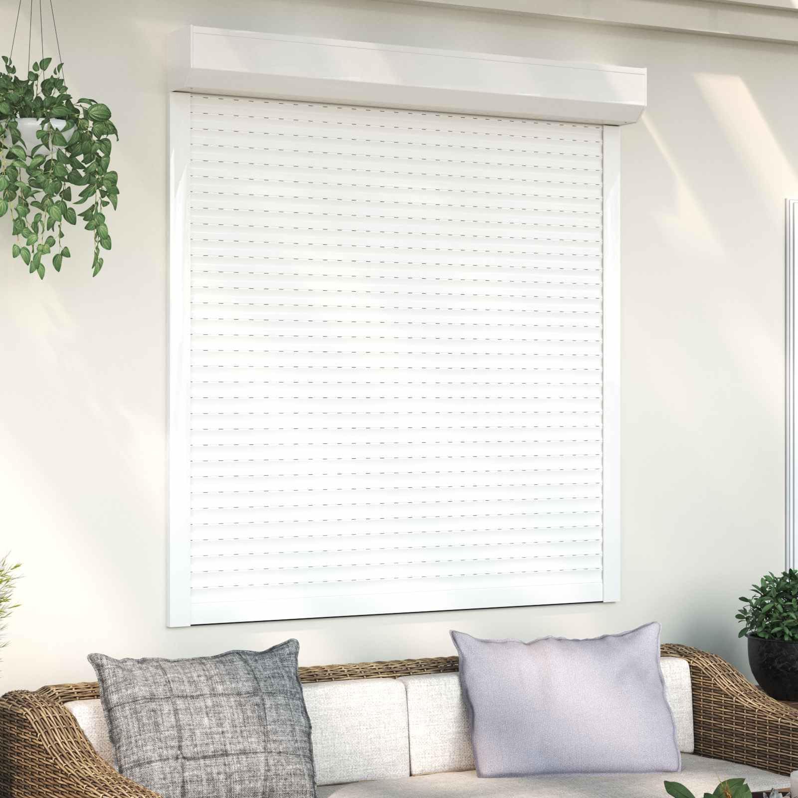 Volet roulant blanc 130 x 140 cm en aluminium et polyuréthane avec rail de guidage et pilote manuel pour fenêtre, maison, extérieur, protection solaire et brise-vue