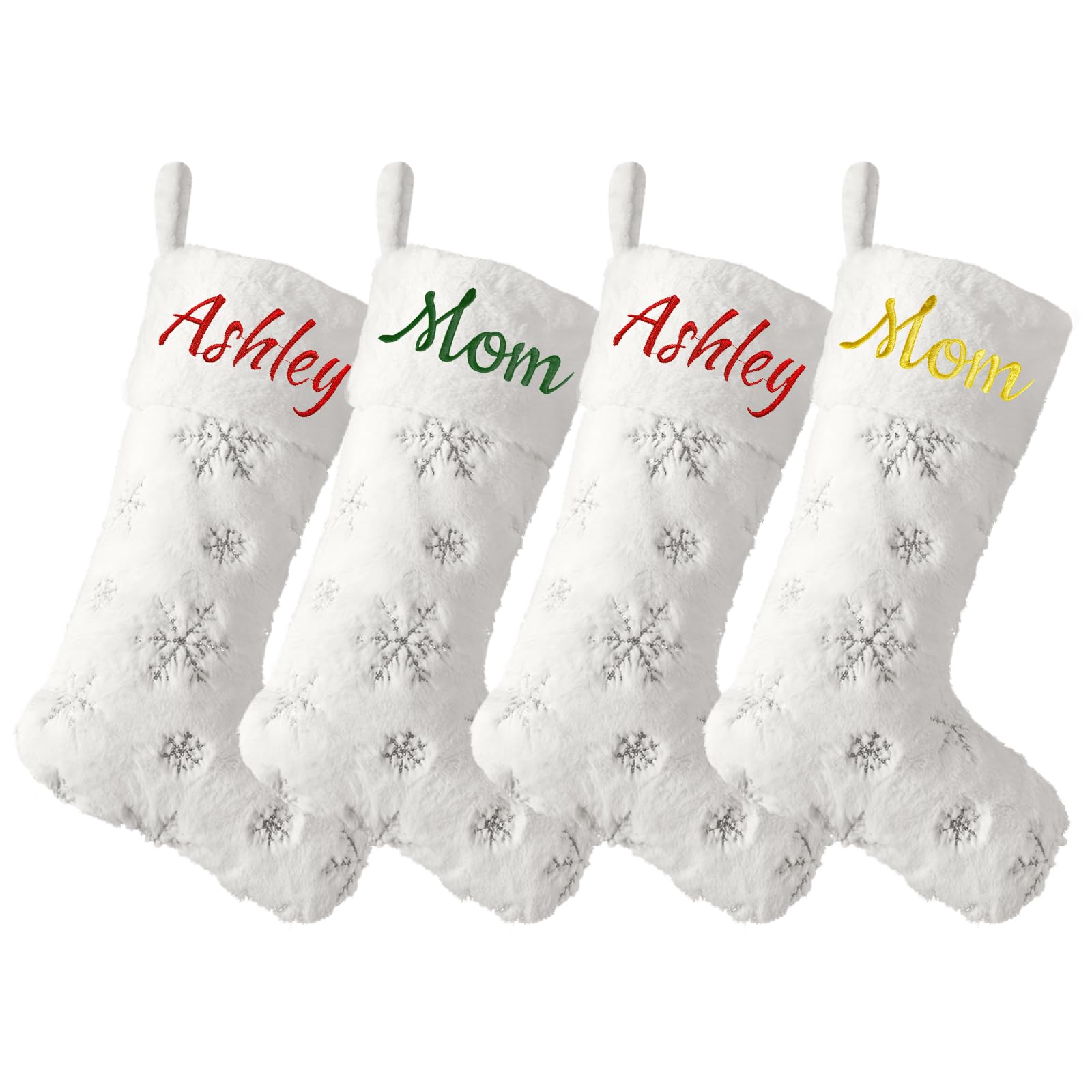 Amidaky Personalized Christmas Stockings 6 Pack White Faux Fur Christmas Stockings Customized with Names Embroidered Silver Snowflake Large for Family Holiday Xmas Party Decorations
