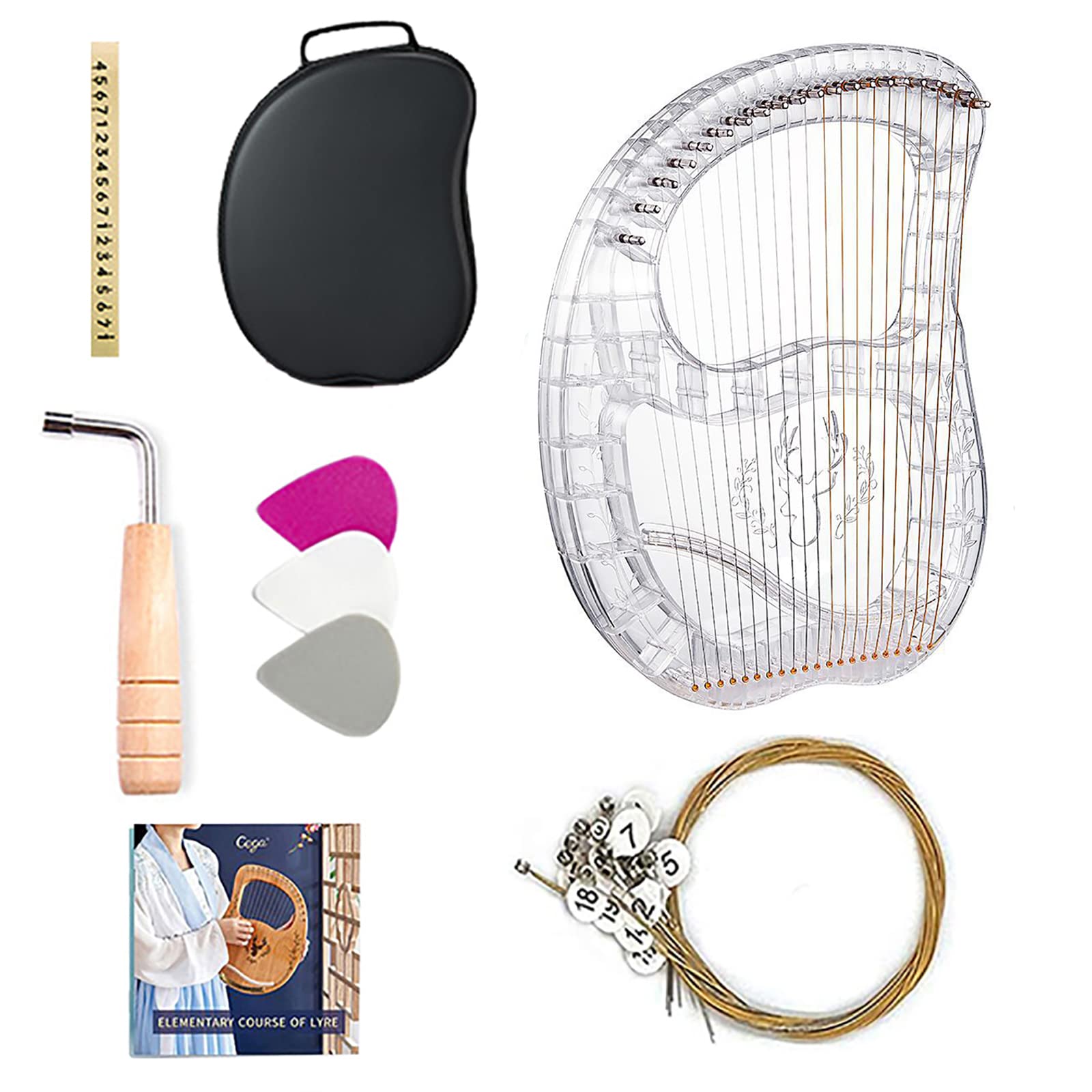 Arpa de lira de 21 cuerdas Instrumento de cuerda transparente ABS, cuerpo anticaída 3D, con bolsa EVA portátil/llave de afinación/cuerda de repuesto, para amantes de la música principiantes adultos
