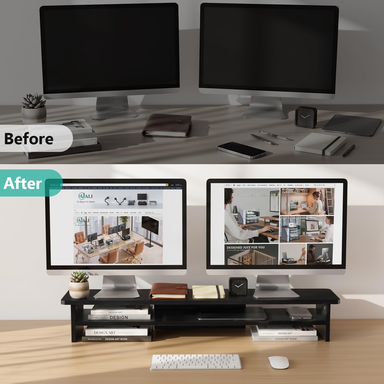 WALI 42 inch Large Wood Dual Monitor Stand Riser with Storage, up to 88lbs view 3