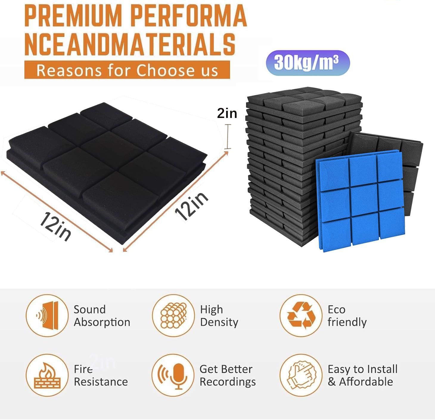Snapklik.com : Acoustic Foam Panels 12 Pack 2" X 12"x 12" High Density ...