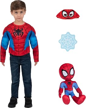 MARVEL Spidey Official Toddler Deluxe Dress Up Set - Premium Quality Padded Costume Top with Fabric Mask and Shield plus Spidey Plush