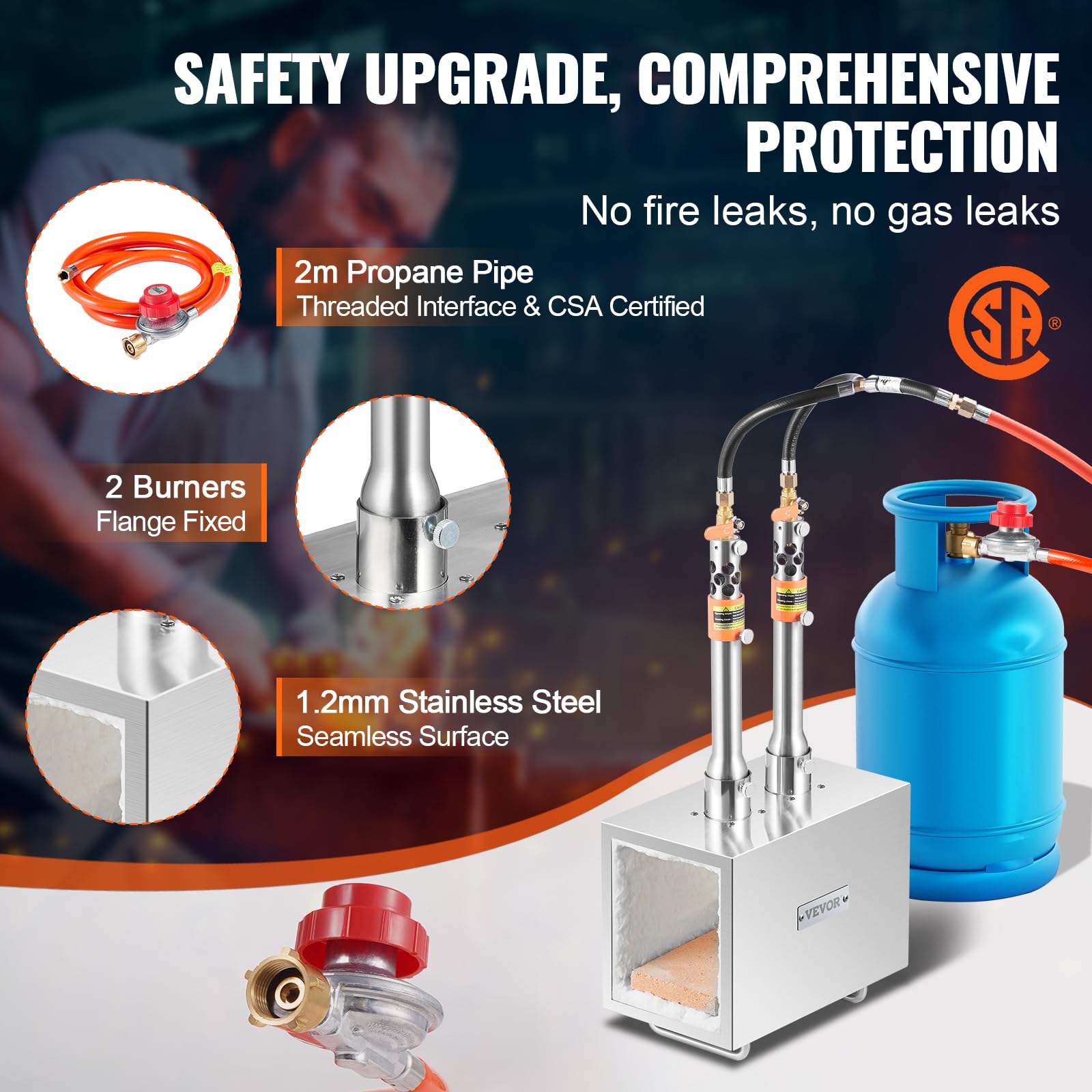 VEVOR Forgia a gas propano portatile, forno a gas quadrato con 2 bruciatori, temperatura max 1427 ℃, utensili e attrezzature per forgiatura a gas in acciaio inox, per colteliere Maréchaux-Ferrants