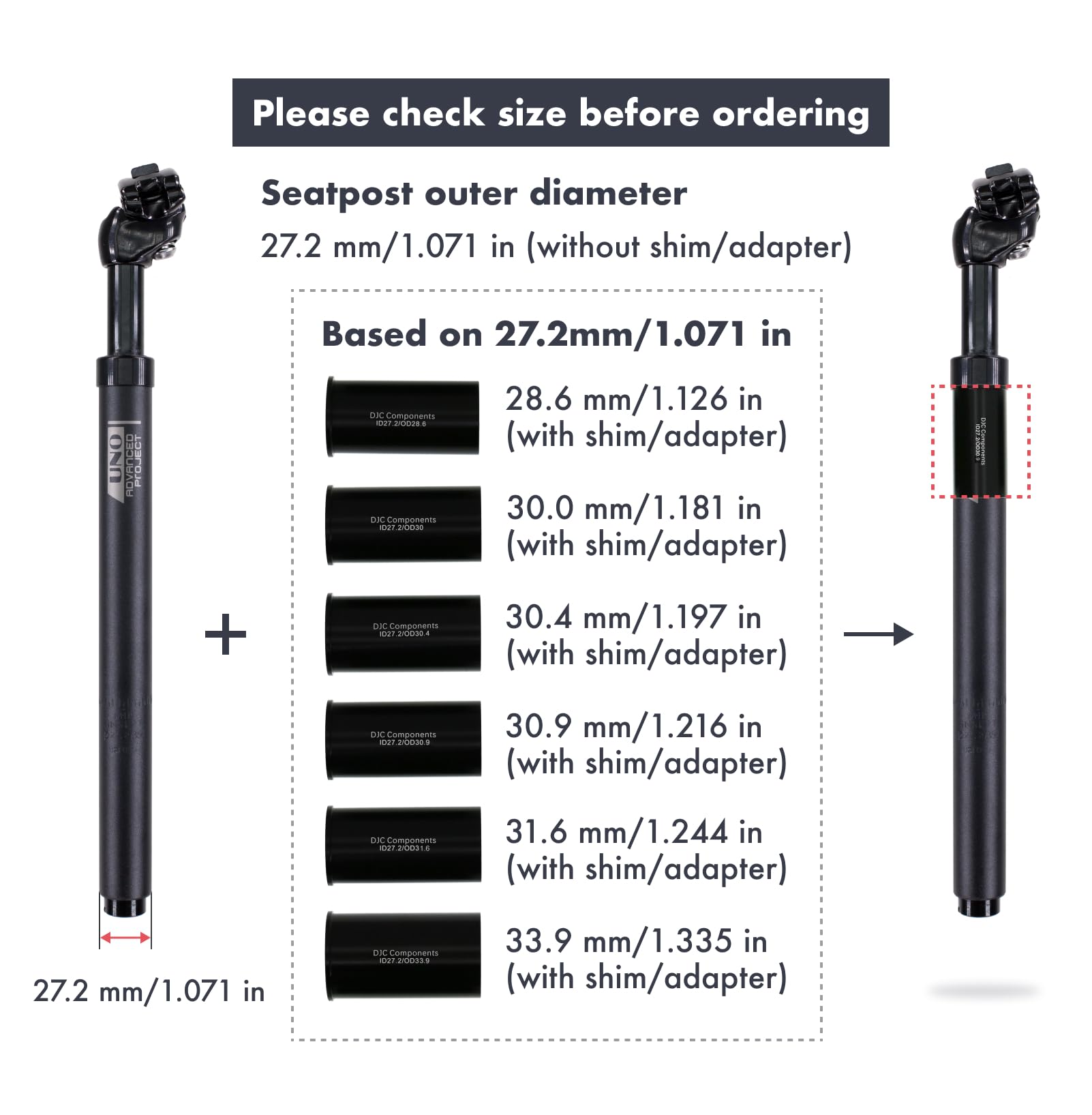 Tija Sillin Suspensión de tija de sillín for Bicicleta Tija Telescopica MTB(Black 30.9 Shim)