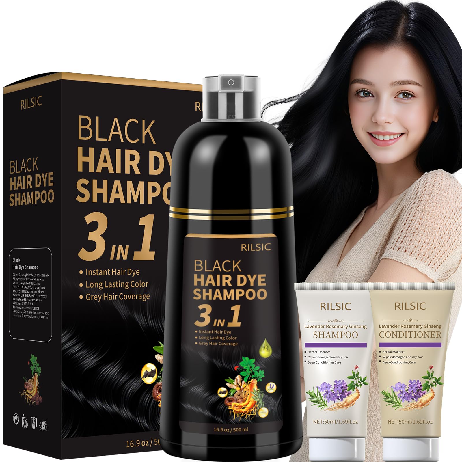 RILSIC Shampoo Colorante, 500ml Hair Dye Shampoo 3 in 1 & 50ml Shampoos & 50ml Balsamo, Colorante Tinta Capelli Istantaneo, Naturale Hair Color per Donna Uomo (Nero, 600ML)