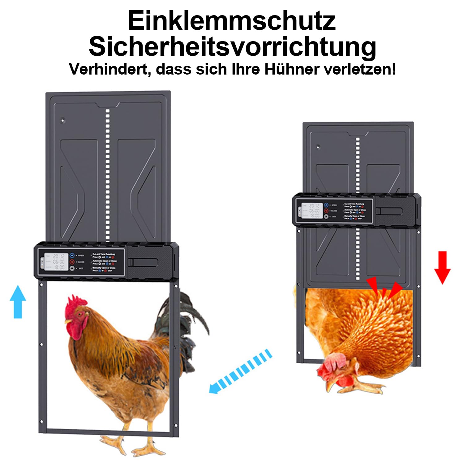 Fiqops Aluminum Automatische Hühnerklappe Solar, Elektrische Hühnerklappe Hühnertür mit Wasserdicht Großes Display, Timer, Intelligenter Einklemmschutz, Schwarz