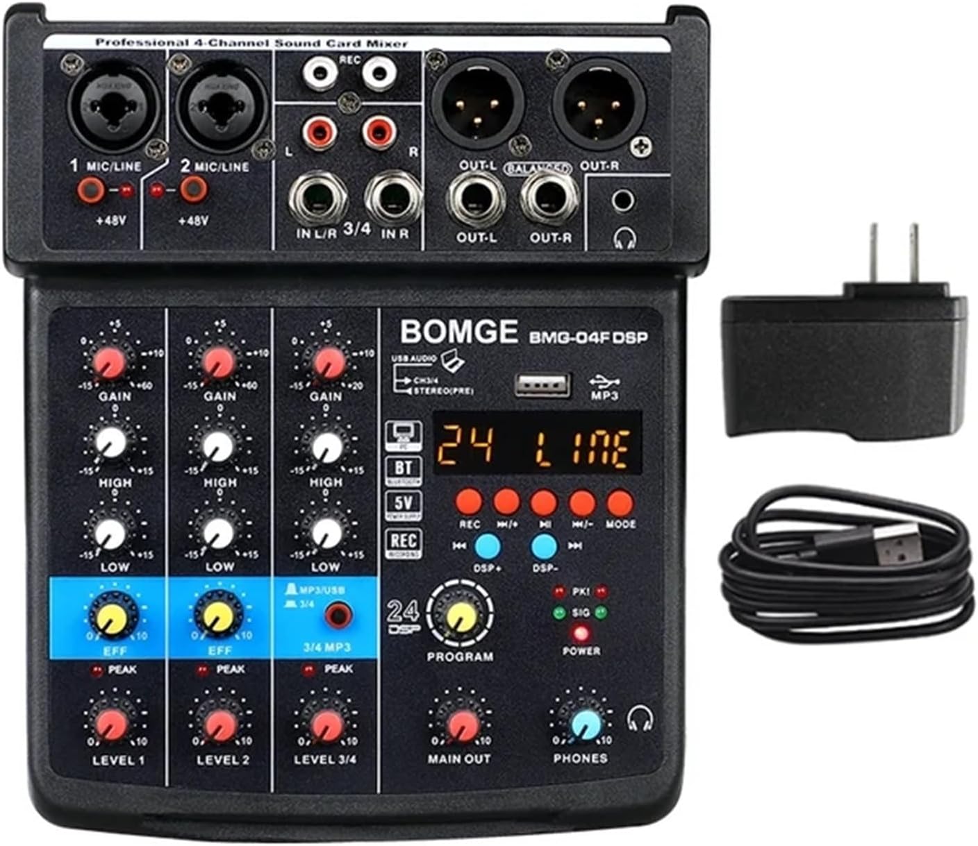 Audio Mixer 4 Channel 24 DSP Sound Card Interface Console with 48V Phantom Power Recording to PC