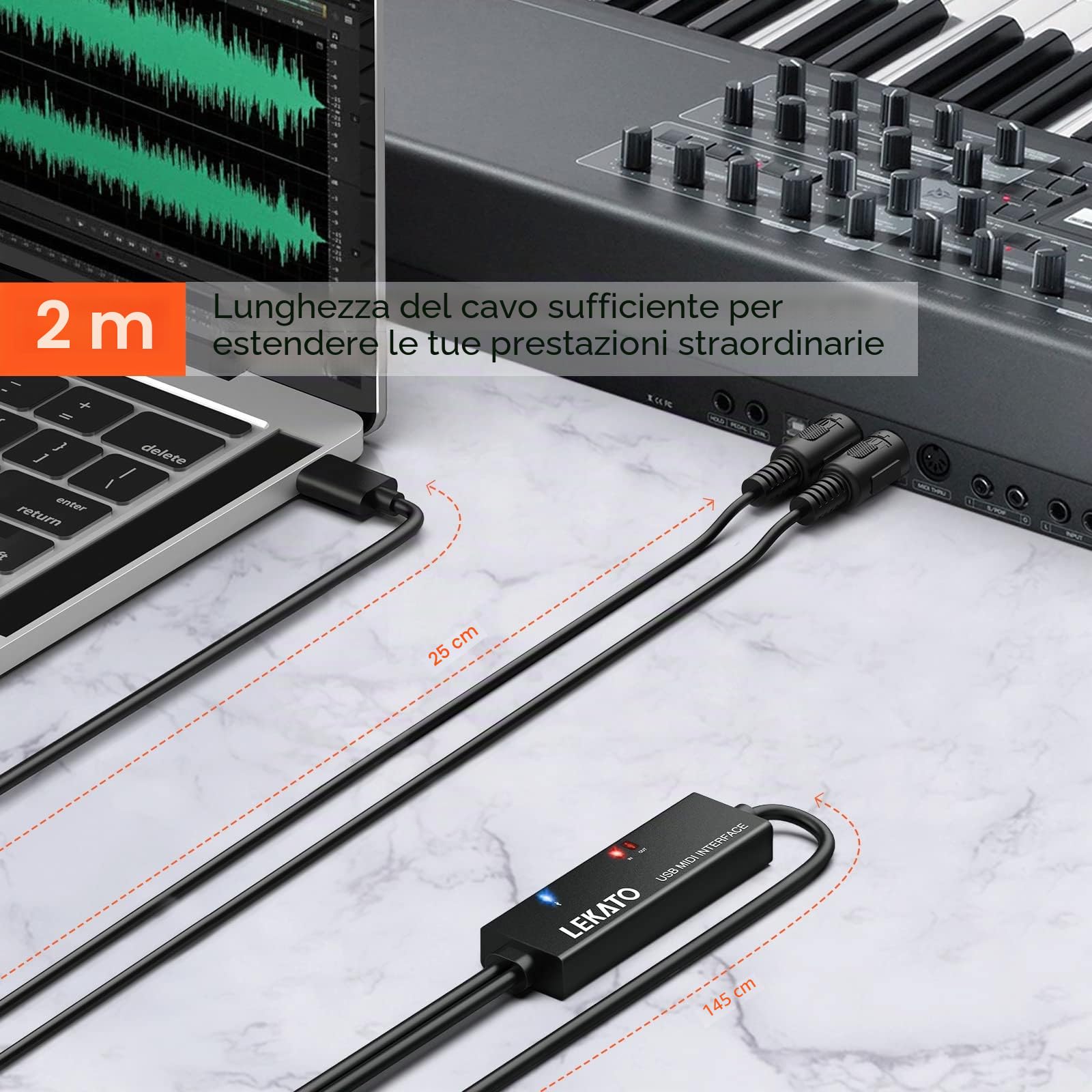 LEKATO Cavo MIDI Tipo C, Adattatore MIDI Tipo C a Interfaccia MIDI Convertitore Ingresso-Uscita MIDI da 6,5 Piedi Tastiera per PC/Mac/Laptop per Strumenti MIDI