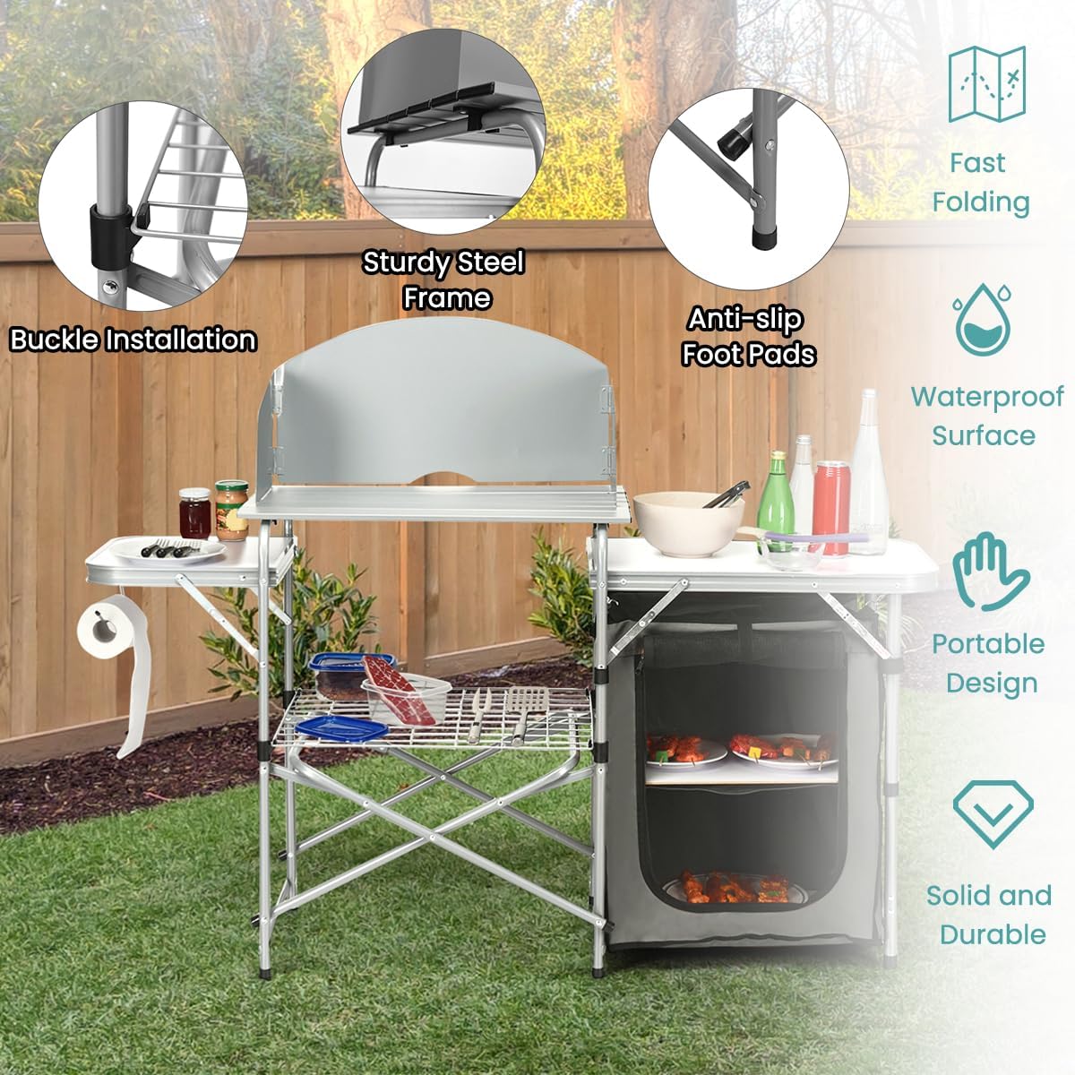 KOTEK Camping Kitchen Table, Folding Camp Table with Detachable Windscreen, Storage Organizer & Carrying Bag, Portable Outdoor Cooking Station for BBQ, Party, Picnic, RV Traveling (Grey)