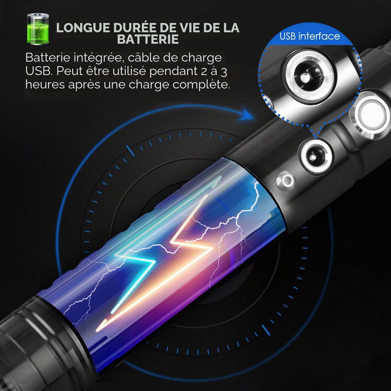 Sabre laser avec effet sonore RGB 7 couleurs Épée lumineuse FX interchangeable 63 cm de long Rechargeable Épée lumineuse portable Épée jouet avec poignée en métal pour enfants, adultes, déguisement