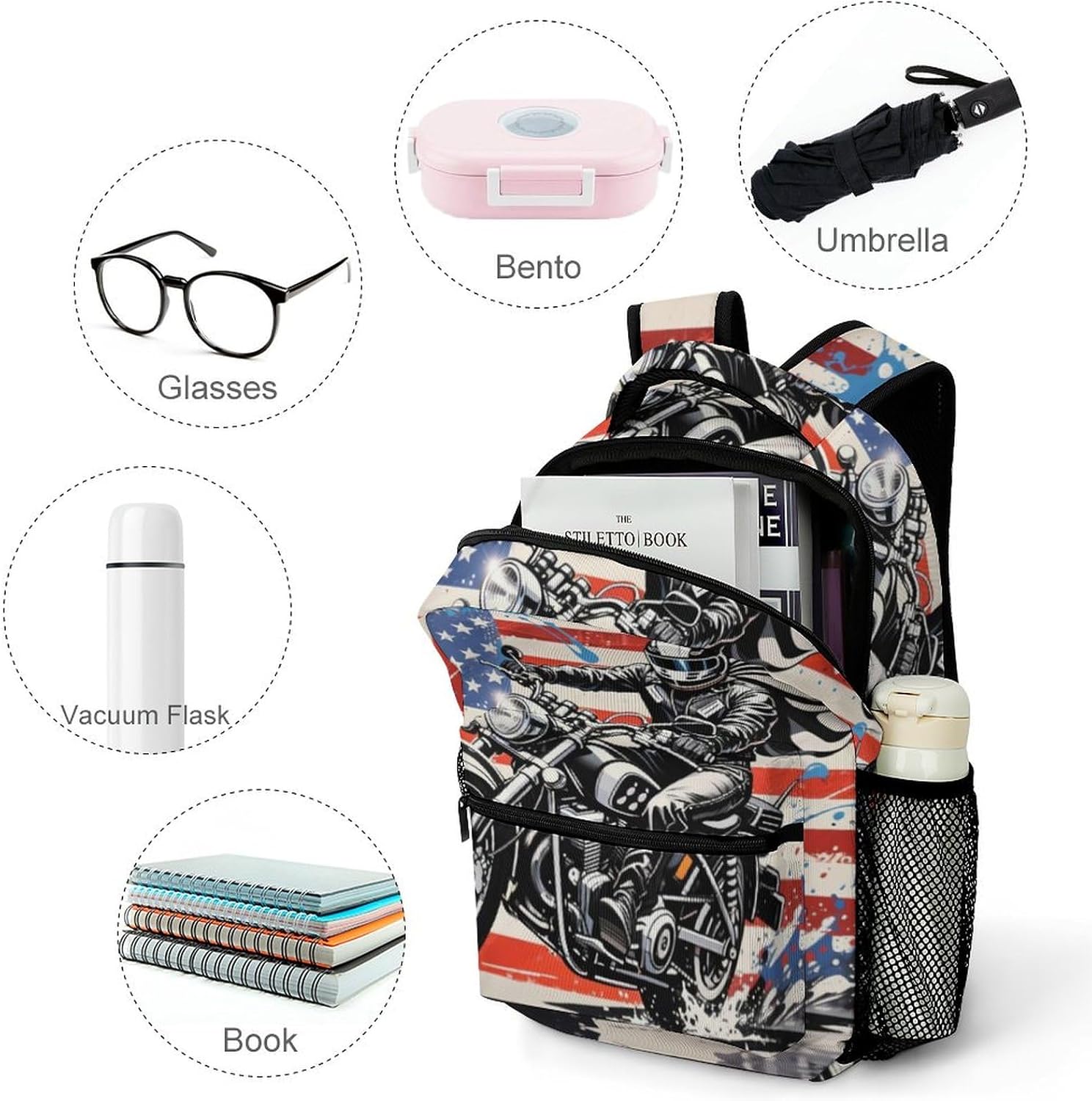 American Flag Motorcycle Lightweight Travel Backpack With Zipped Front Pocket Printed Laptop Bag Fashion Casual Daypack For Work, Hiking, Camping Unisex - Image 4