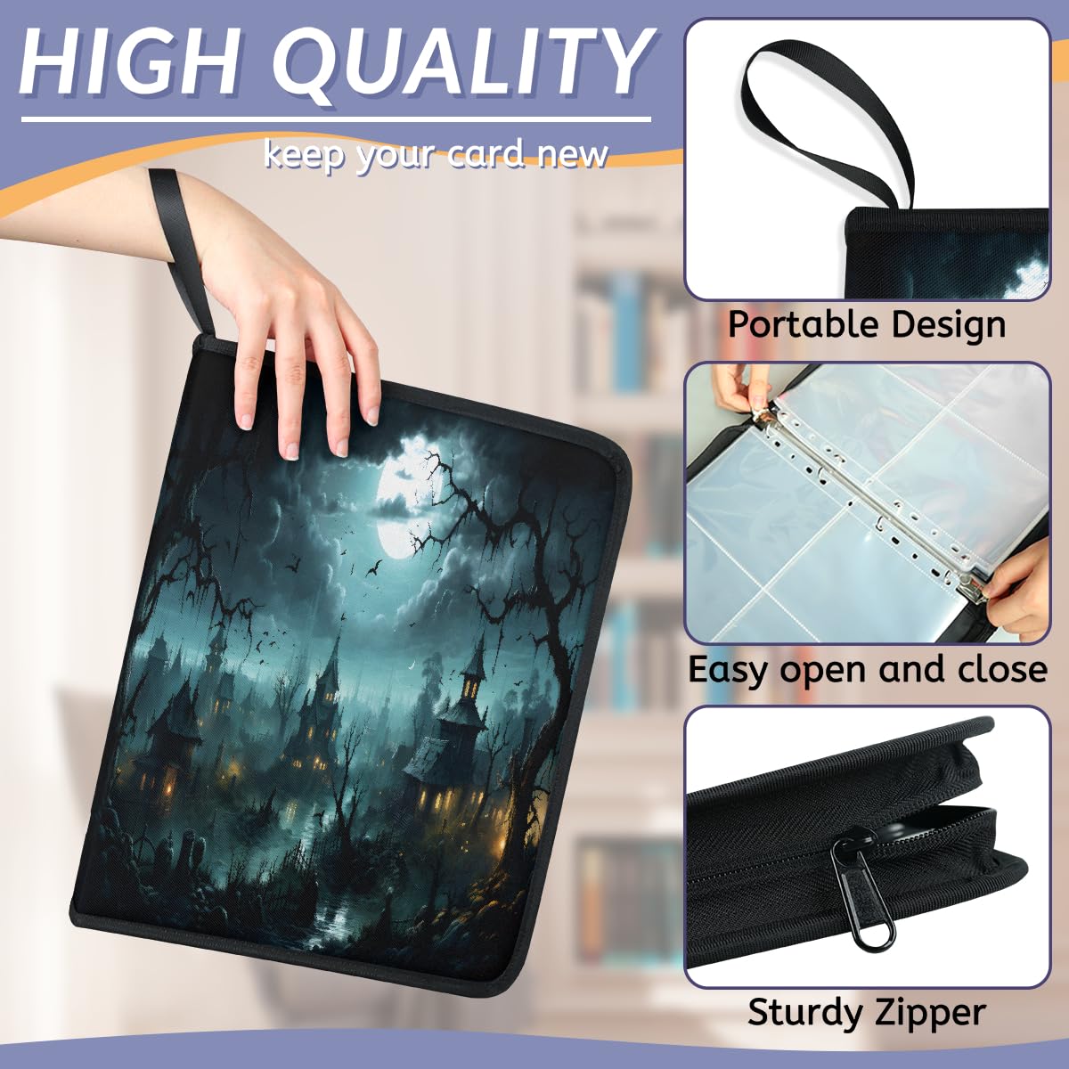 Classeur pour cartes à collectionner - 4 poches - Château d'Halloween - Arbre et lune - Classeur pour cartes avec pochettes amovibles - Étanche - Avec fermeture éclair - Capacité de 50 pages - 400
