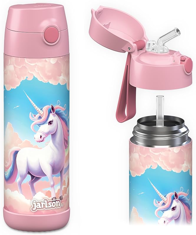 Jarlson® Botella de agua para niños CHARLI [18OZ] - Botella térmica de acero inoxidable con pajita - Botella de agua aislada a prueba de derrames para la escuela y los deportes - Vaso térmico para niños y niñas (Unicornio)