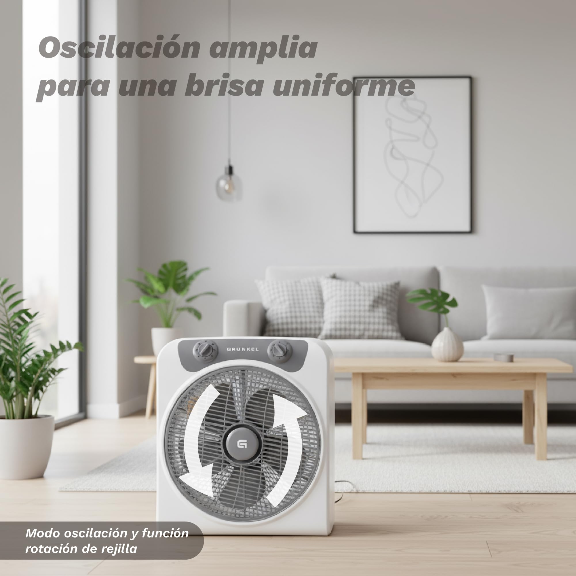 Grunkel - Box FAN - Vemtilatore da pavimento potente e leggero, diametro delle pale, 30 cm, funzione oscillazione, timer da 60 minuti, 3 velocità - 50 W