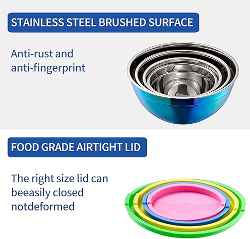 Miniatura 5 de Onlycooker Tazones de mezcla arcoíris con tapas herméticas, cuenco de acero inoxidable, cuencos para ensalada, 4 piezas, coloridos cuencos