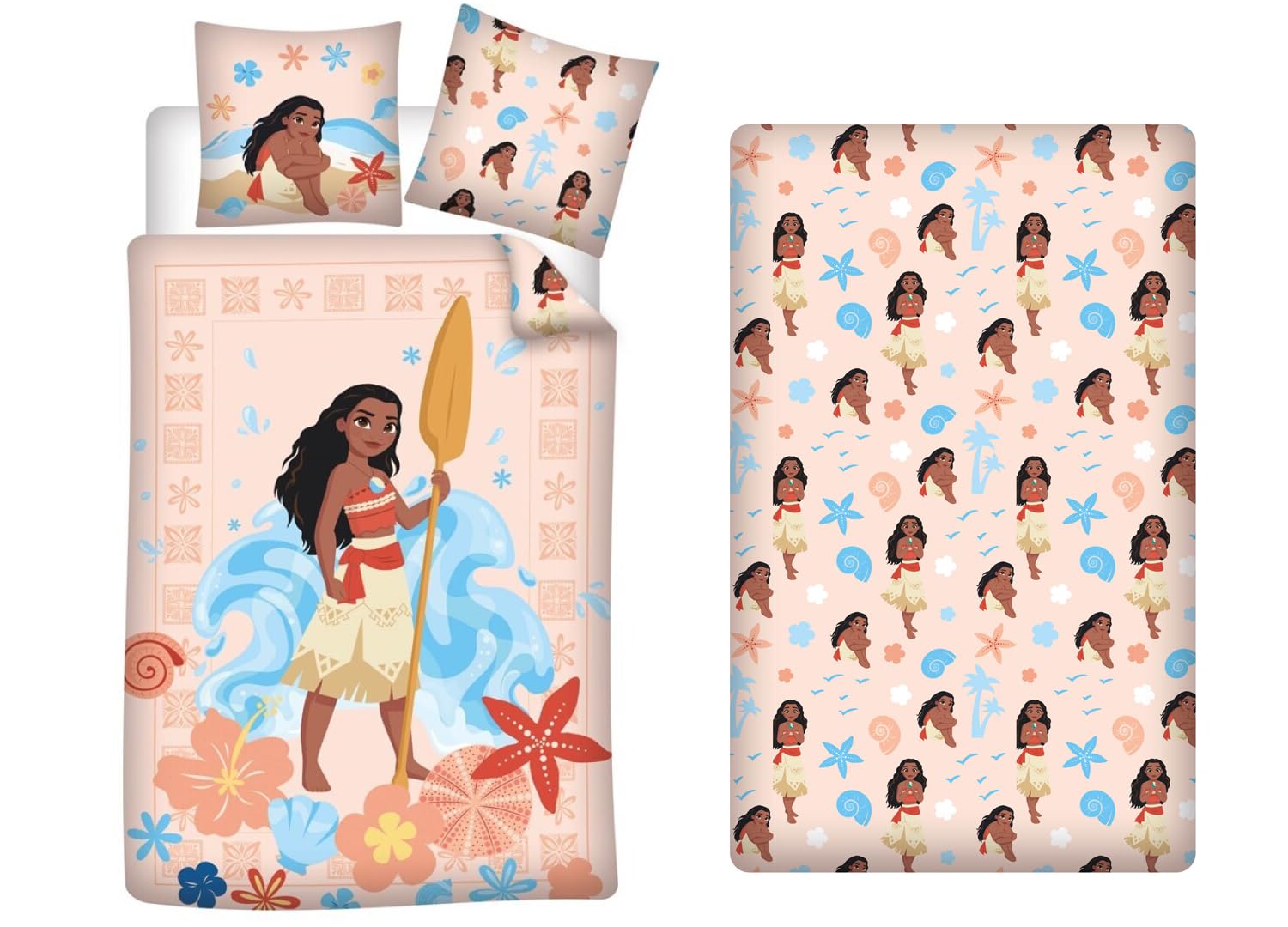 Aymax Multicolored 3-Piece Moana Bedding Set, Reversible Duvet Cover 140 X 200 Cm + Pillowcase 65 X 65 Cm + Fitted Sheet 90 X 200 Cm, Polycotton, Oeko-Tex Certified
