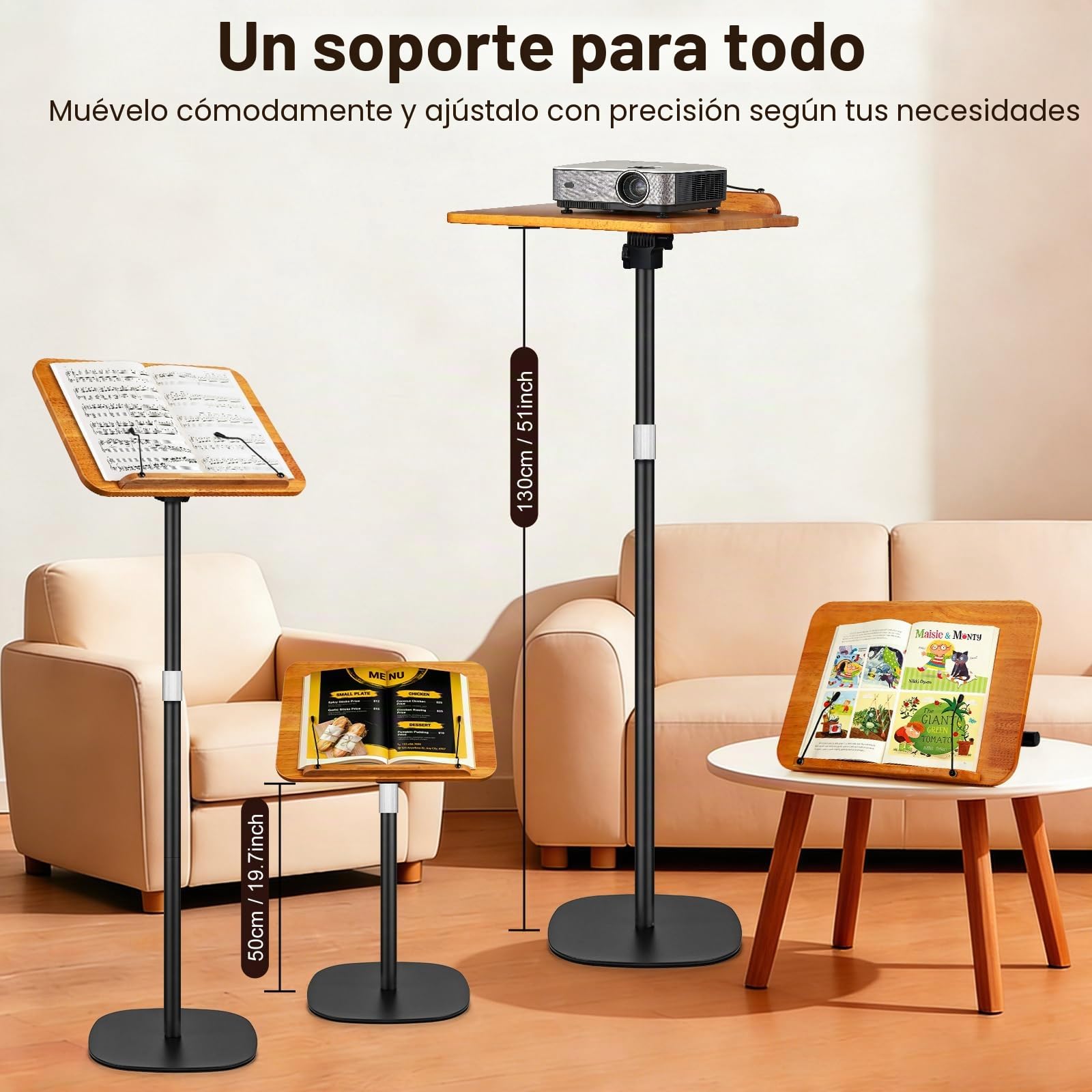 Soporte Ajustable 2 en 1 para Libros y Portátiles, 50-130 cm altura ajustable, Uso Dual en Suelo y Mesa, Atril 2 en 1 para libros con placa XXL, inclinación de 180° para niños y adultos (Negro)