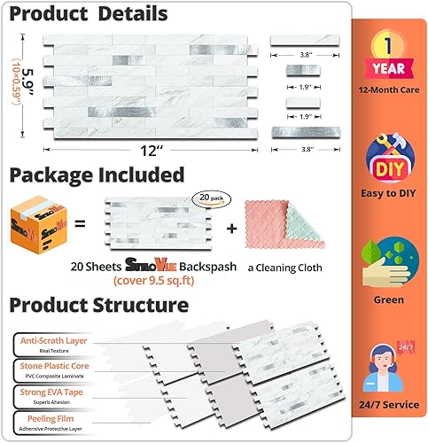 Miniatura 5 de 20 hojas para despegar y pegar para cocina, mármol blanco con aspecto de metal plateado que se pega en azulejos para mejorar tu cocina, caravana,