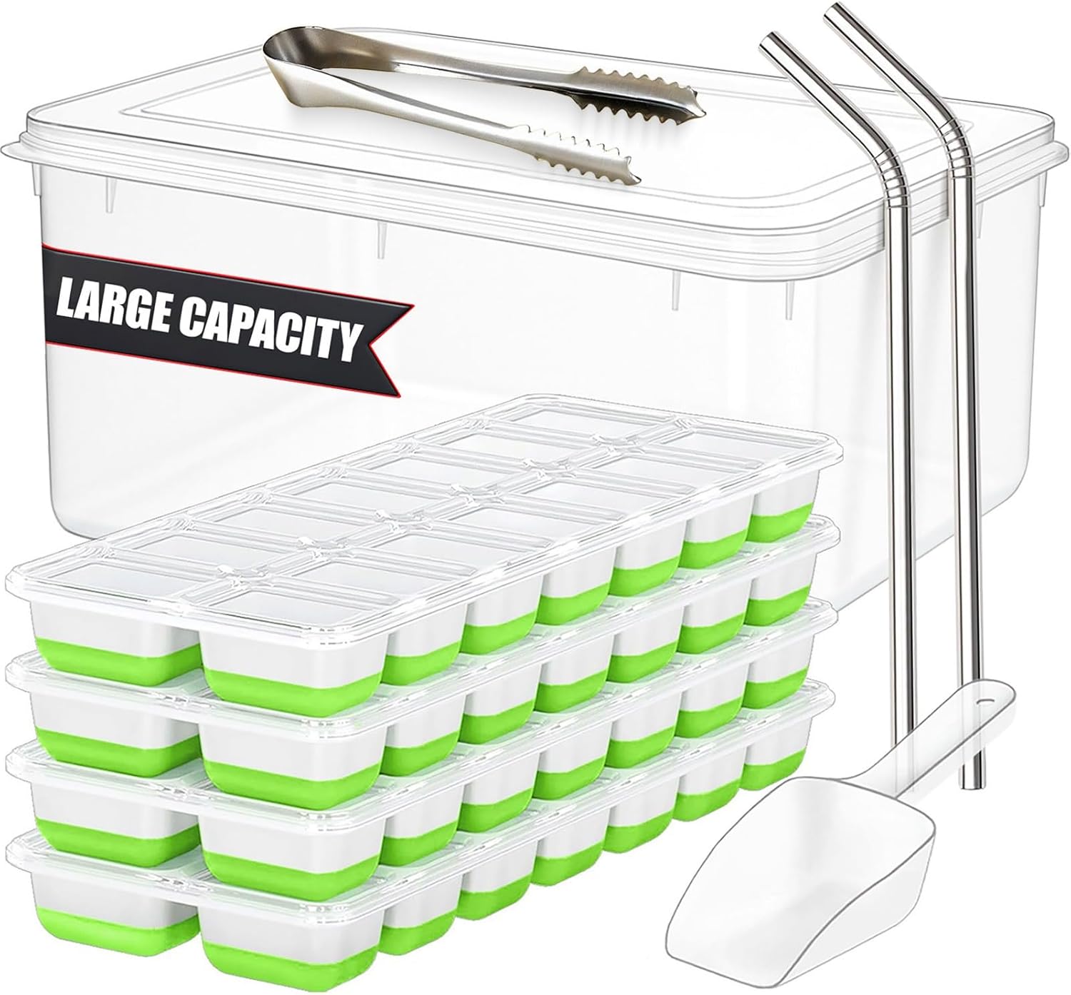 Ice Cube Tray with Lid and Bin – Staable 4 Trays Silicone Plastic