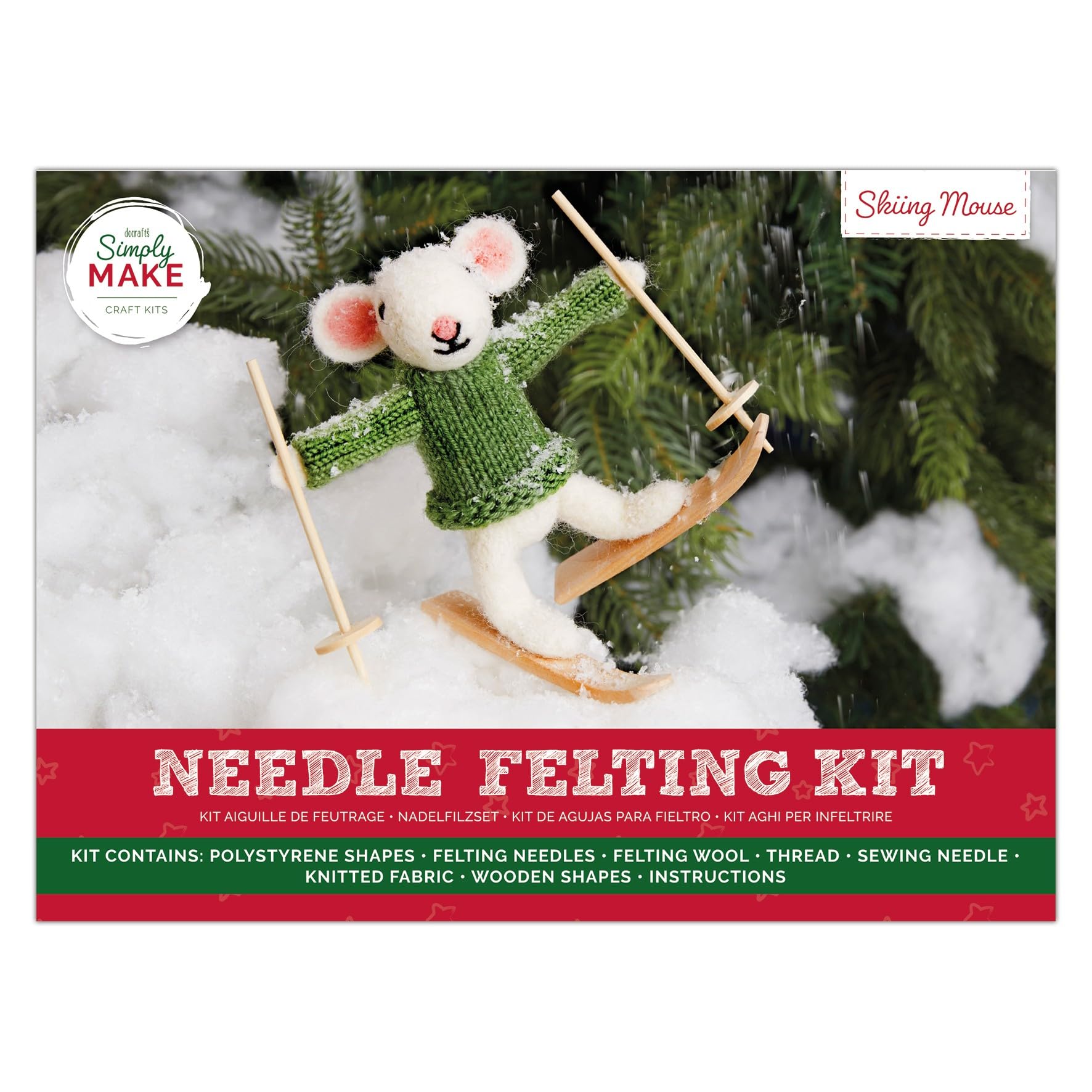 Simply Make Assorted Needle Felting Kit, Skiing Mouse, Multicoloured, Single Craft Kit, Needle Felting Kit With Felting Needles And Felting Wool, Ideal Needle Felting Kits For Beginners, Fun Diy Craft Kit