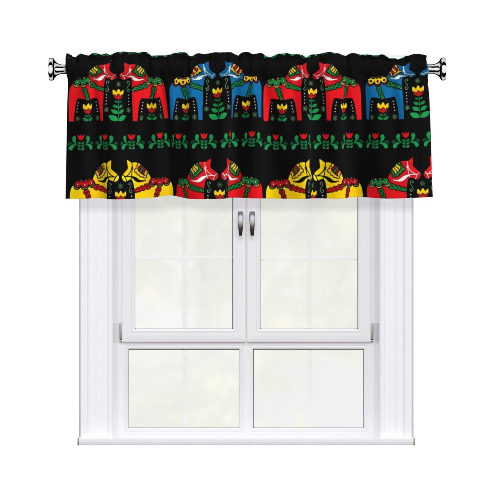 HJFCZH WHJSSF Runner Swedish Dala Horse Folk Prints 54x18in Curtain Valance - Peach Skin Polyester Kitchen Cover with Light Filtering Floral & 3" Rod Pocket