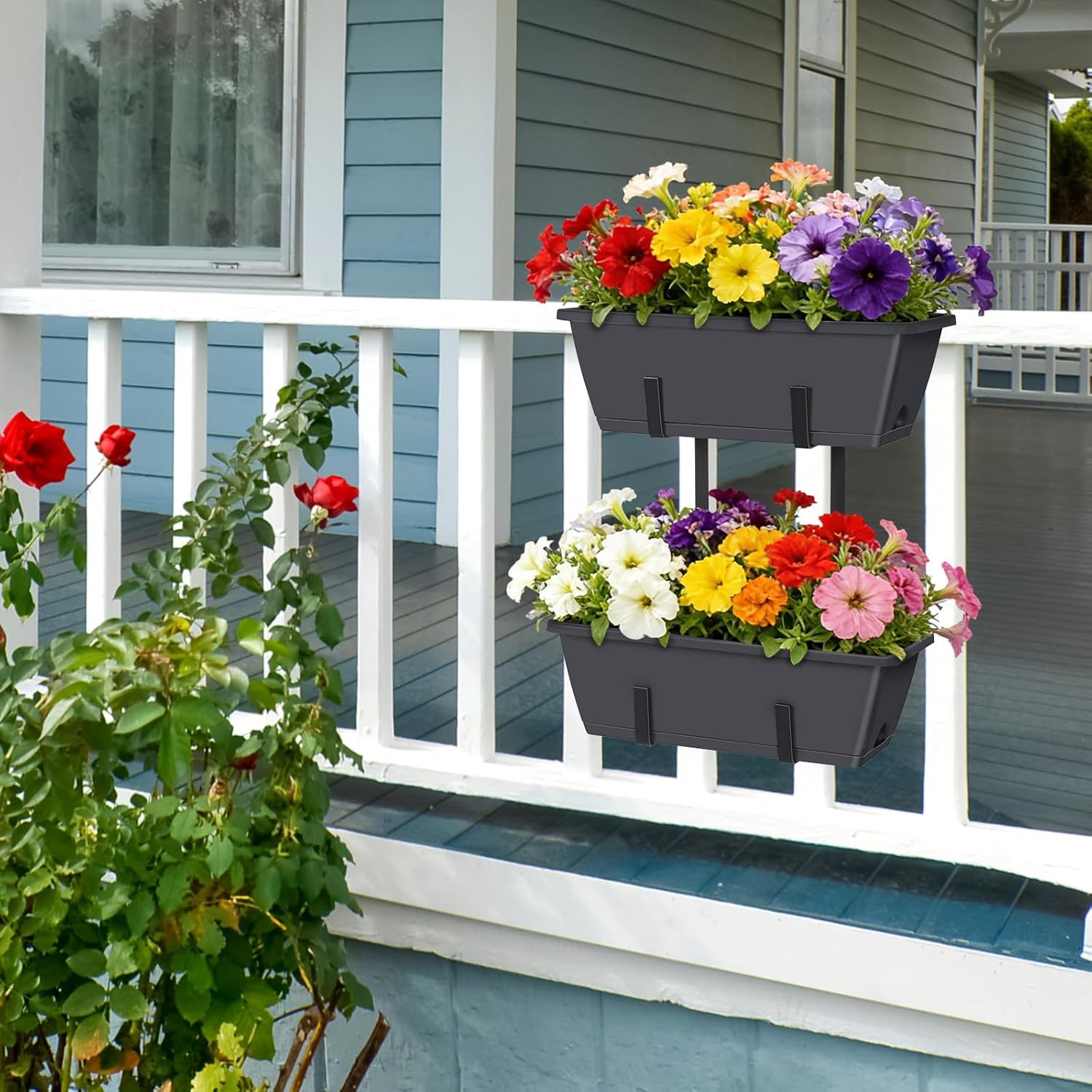 Railing Planter Box 2 Pack Rectangular Window Boxes Planters with Double Adjustable Brackets, Balcony Deck Railing Hanging Planters Herb Flower Pots for Indoor Outdoor Plants Garden Fence Rail