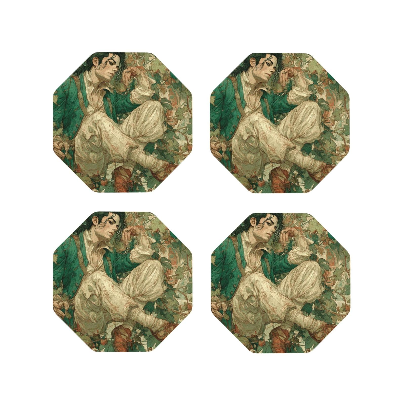 Coasters Set of 4 Round Leather Coaster Quick-Dry Drink Michael Jackson Coasters for Desk Absorbent Mugs Pads Tabletop Protection Pad Heat Resistant Coffee Cup Mat for Kitchen Bar