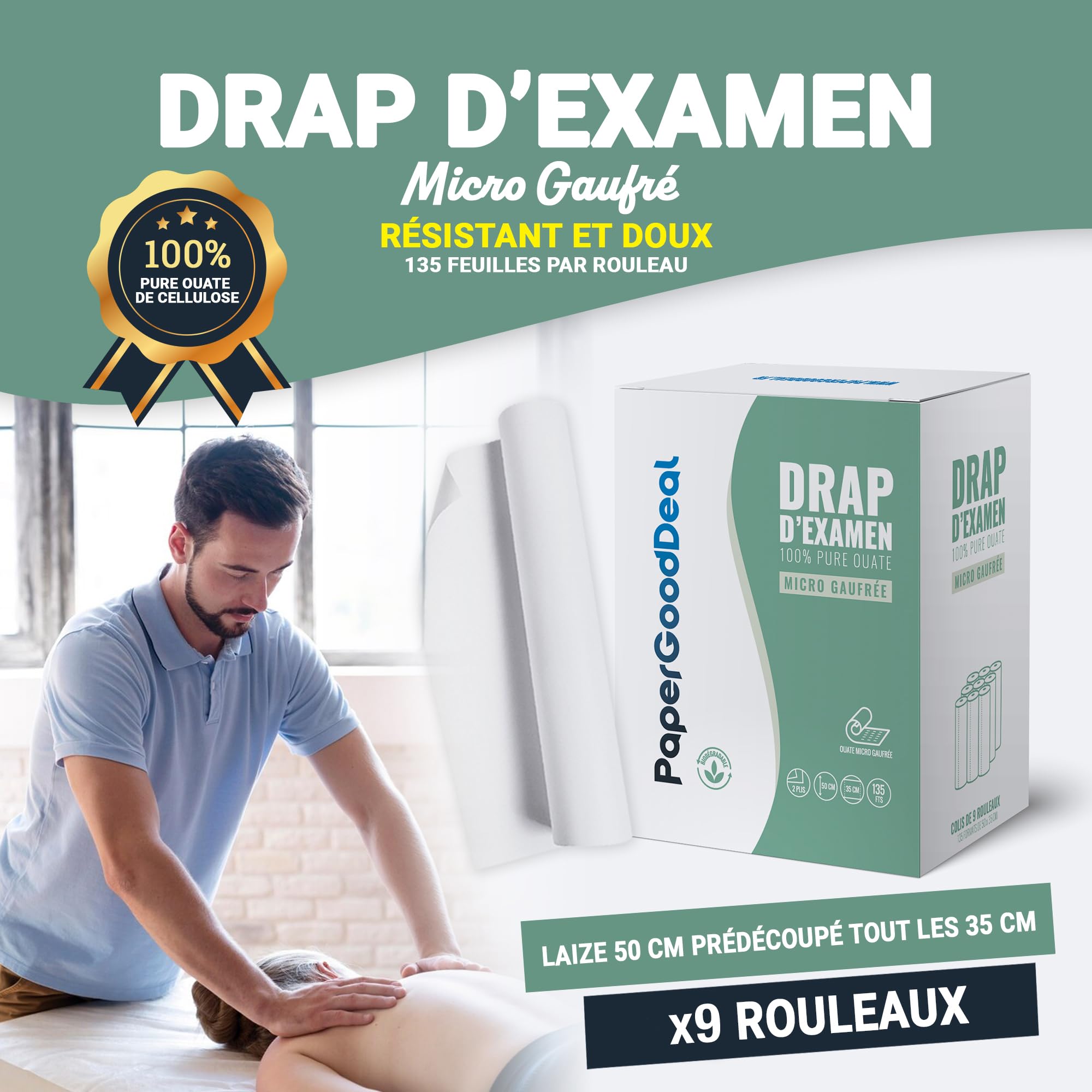 9 rouleaux de 135 feuilles = 1215 feuilles drap d'examen 50cmx35cm micro gaufré 100% pure ouate drap hygiénique pour esthétique gynécologie pédiatrie thérapie confort optimal Qualité professionnelle | Confort optimal pour les patients,Hygiène irréprochabl