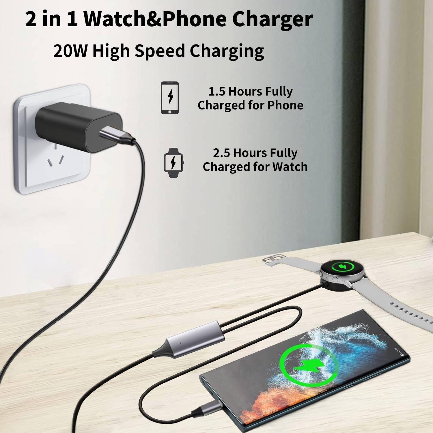 Chargeur USB C 2 en 1 pour Samsung Galaxy Watch, charge rapide pour Galaxy Watch 7/6/6 Classic/5/5 Pro/Ultra/Fe, 4/3/Active 2/Active Smartwatch et Galaxy S24/S23 Ultra/S22/21/20 Note20