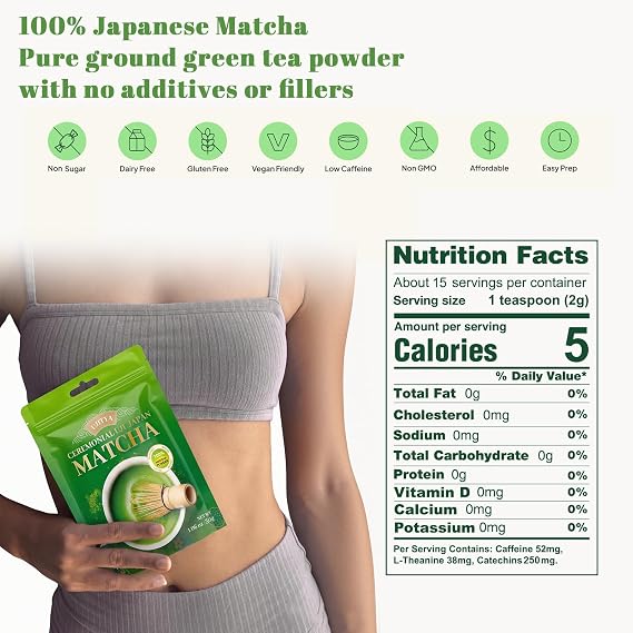 Ceremonial Grade Uji Matcha Powder - Stone-Ground from Kyoto Japan, Umami-Rich for Tea Ceremony Vibrant Green (1.06oz/30g) Zero Sugar Vegan 0 Calories