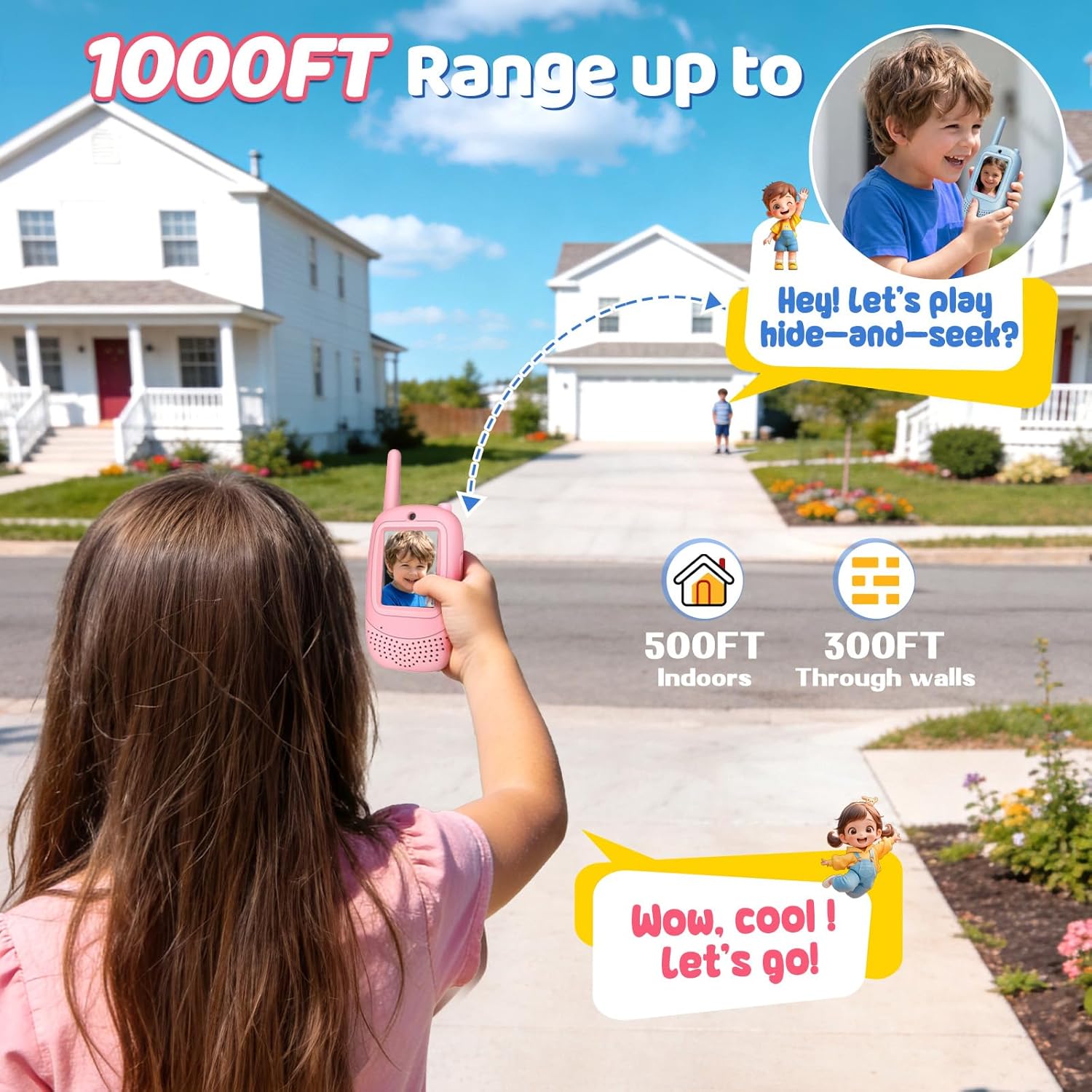 Flooyes Video Walkie Talkies for Kids, 2 Pack Rechargeable Long Range Kids Walkie Talkies with Video Call, Indoor Outdoor Toys for Camping, Travel, Birthday Gifts for Boys Girls Age 3-12(Blue/Pink)