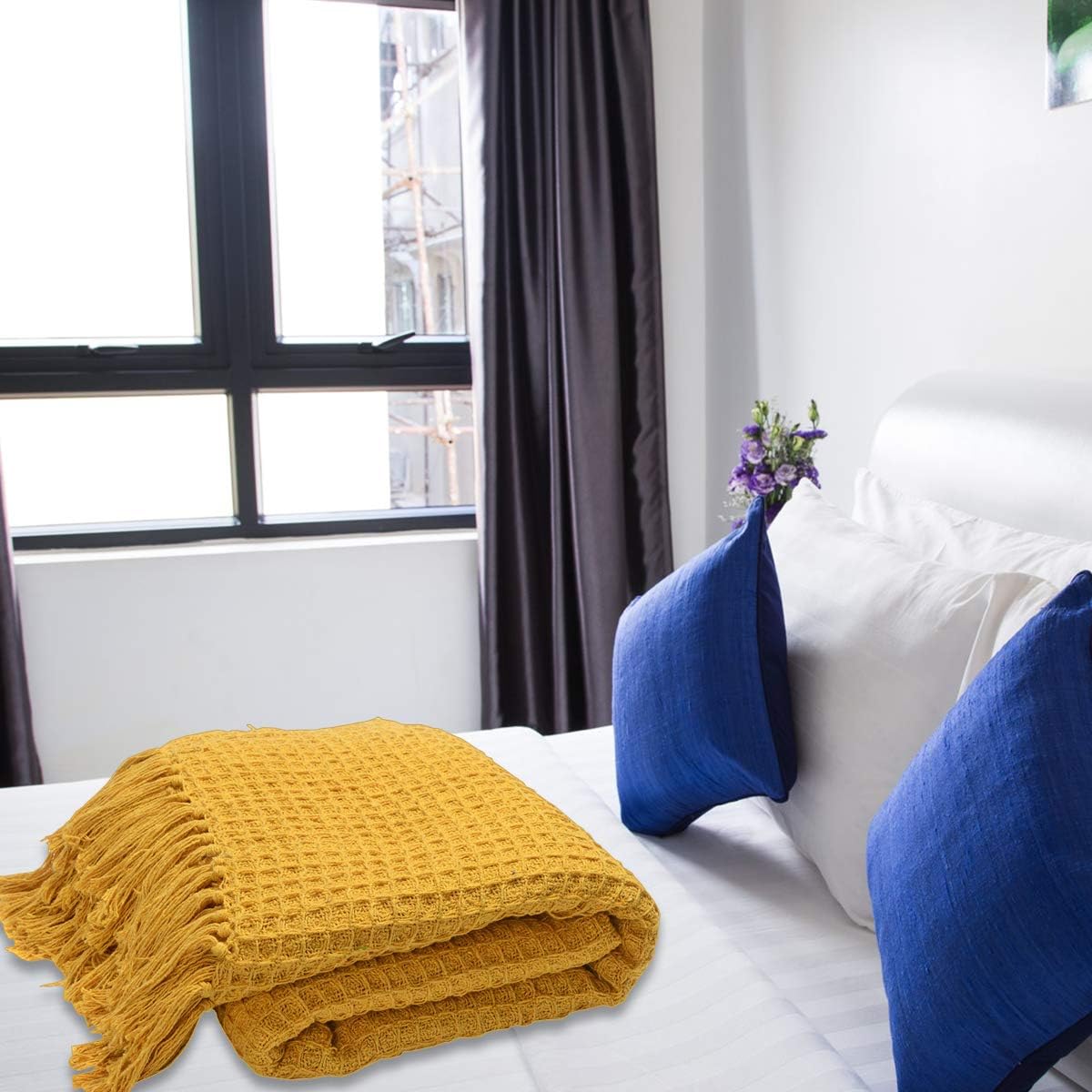 Yellow Mustard Honeycomb Pattern Blanket Cotton Throw Blanket Super Soft for Couch Bedroom Size 70"X55" Birthday