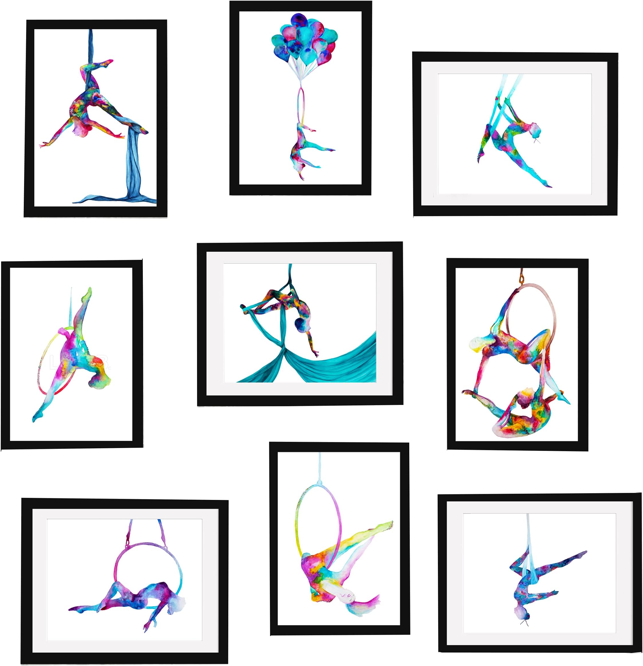 Aerial silks hammock hoop lyra yoga SET OF 9 - Aerial yoga - Silk yoga Print watercolor painting 5"x7" - Aerialist gift - Hoop lover gift