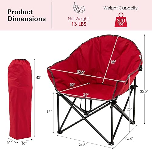 Vista 12 de Tangkula Oversized Camping Chair, Outdoor Padded Folding Chair with Cup Holder, Moon Round Saucer Club Chair, Outside Foldable Camp Chair with Carry