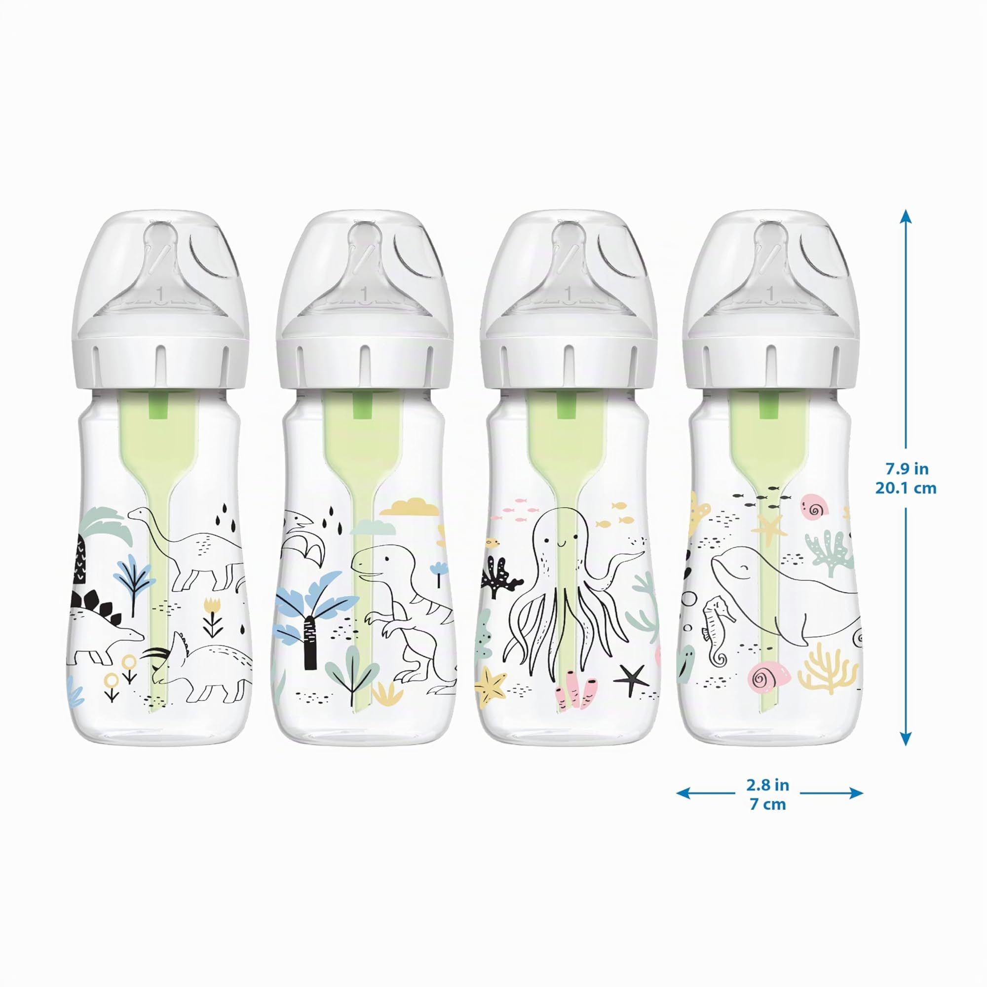 Dr. Brown's Natural Flow® Anti-Colic Options+™ Weithals-Babyflasche, Designer-Edition-Flaschen, Dino Decos, 270 ml, Level 1 Nippel, 2er-Pack, ab 0 Monaten