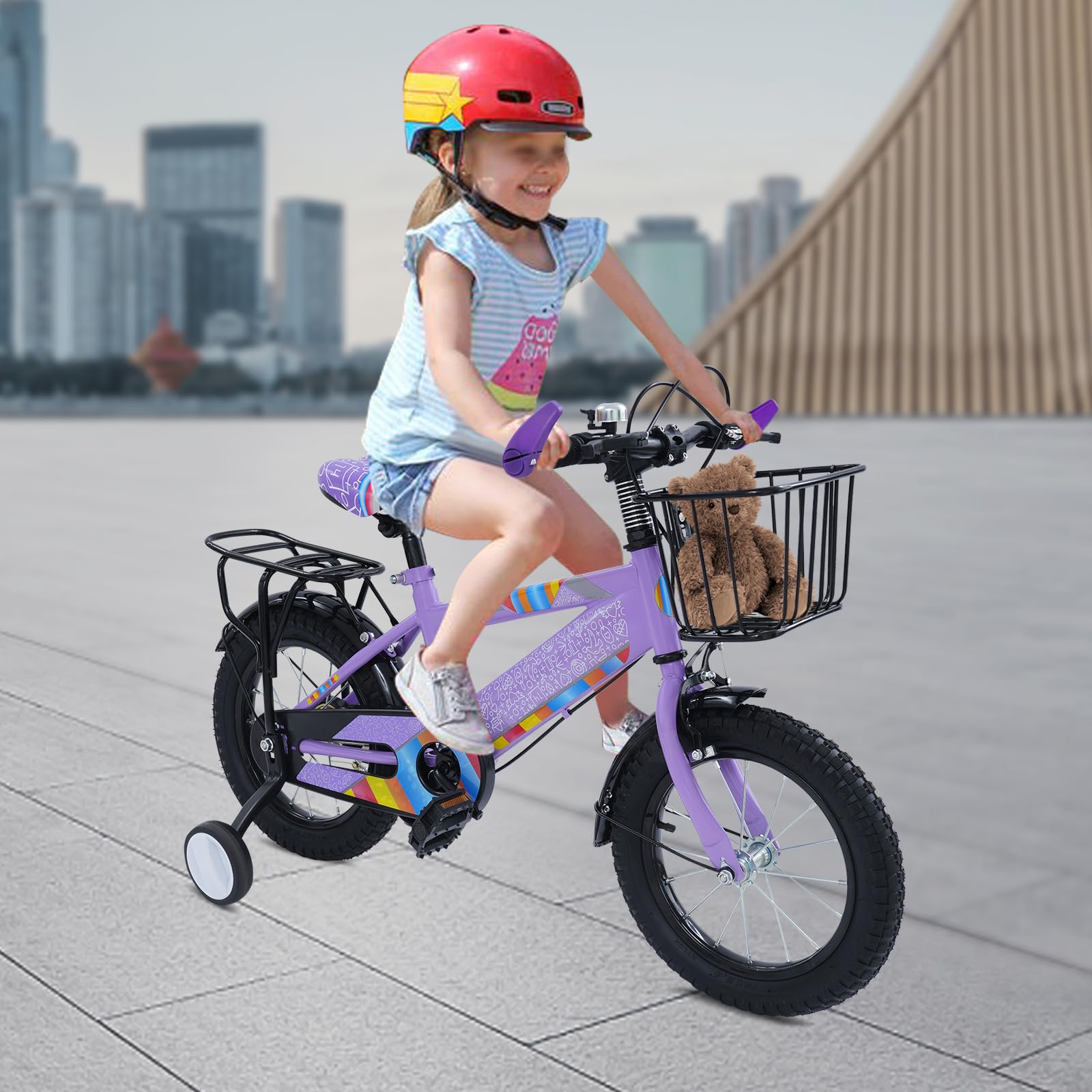 Vélo pour enfant de 14 pouces avec siège arrière, vélo pour enfants avec panier et roues stabilisatrices, vélo pour enfants à partir de 3 ans, garçons et filles, hauteur réglable