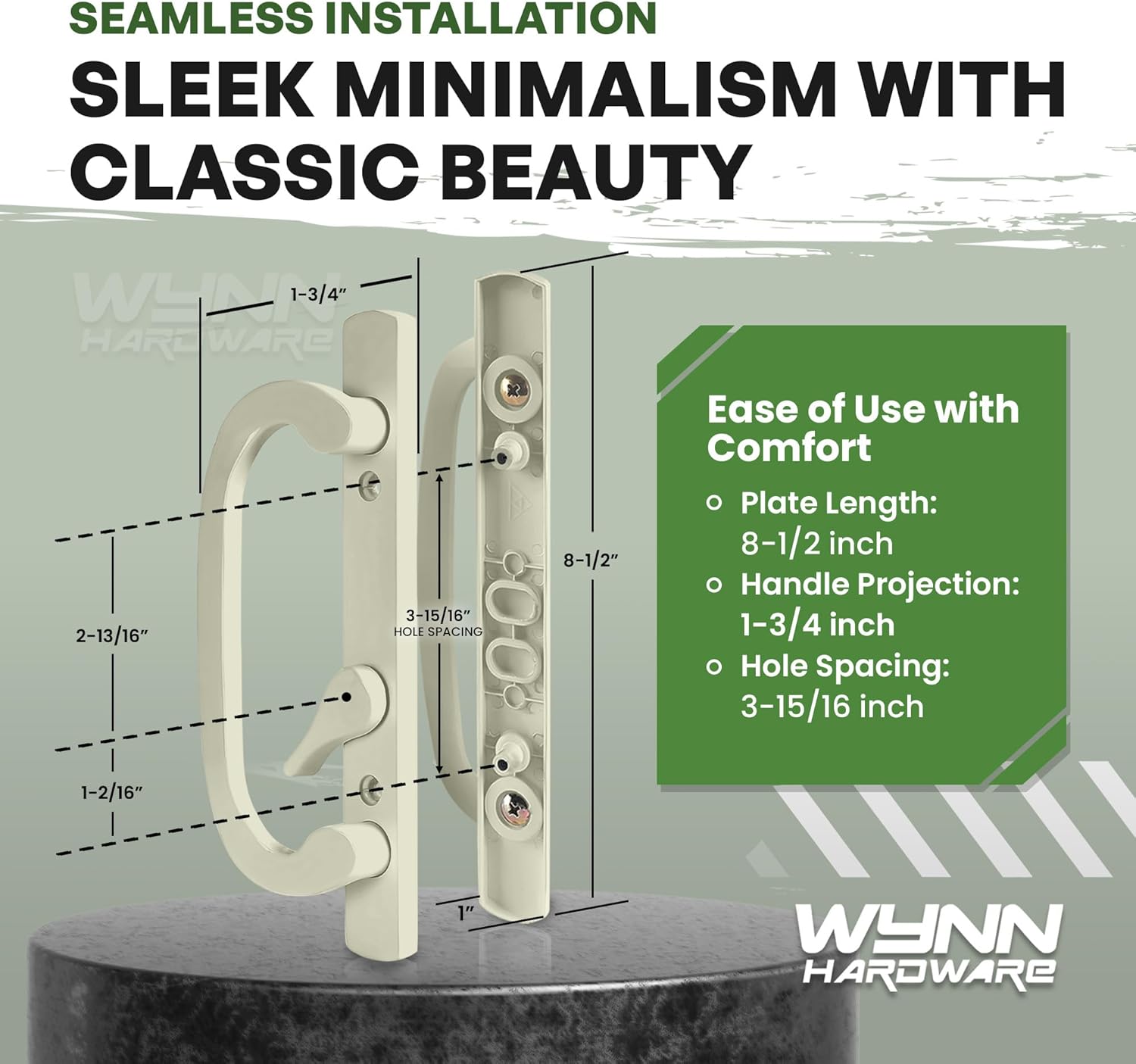 8.5" Legacy Sliding Patio Glass Door Offset Latch Almond Handle Set Replacement - Sash Controls 2265 - No Mortise, Fits 3-15/16" Screw Hole Spacing and 1-1/4" to 2-1/4" Door Thickness