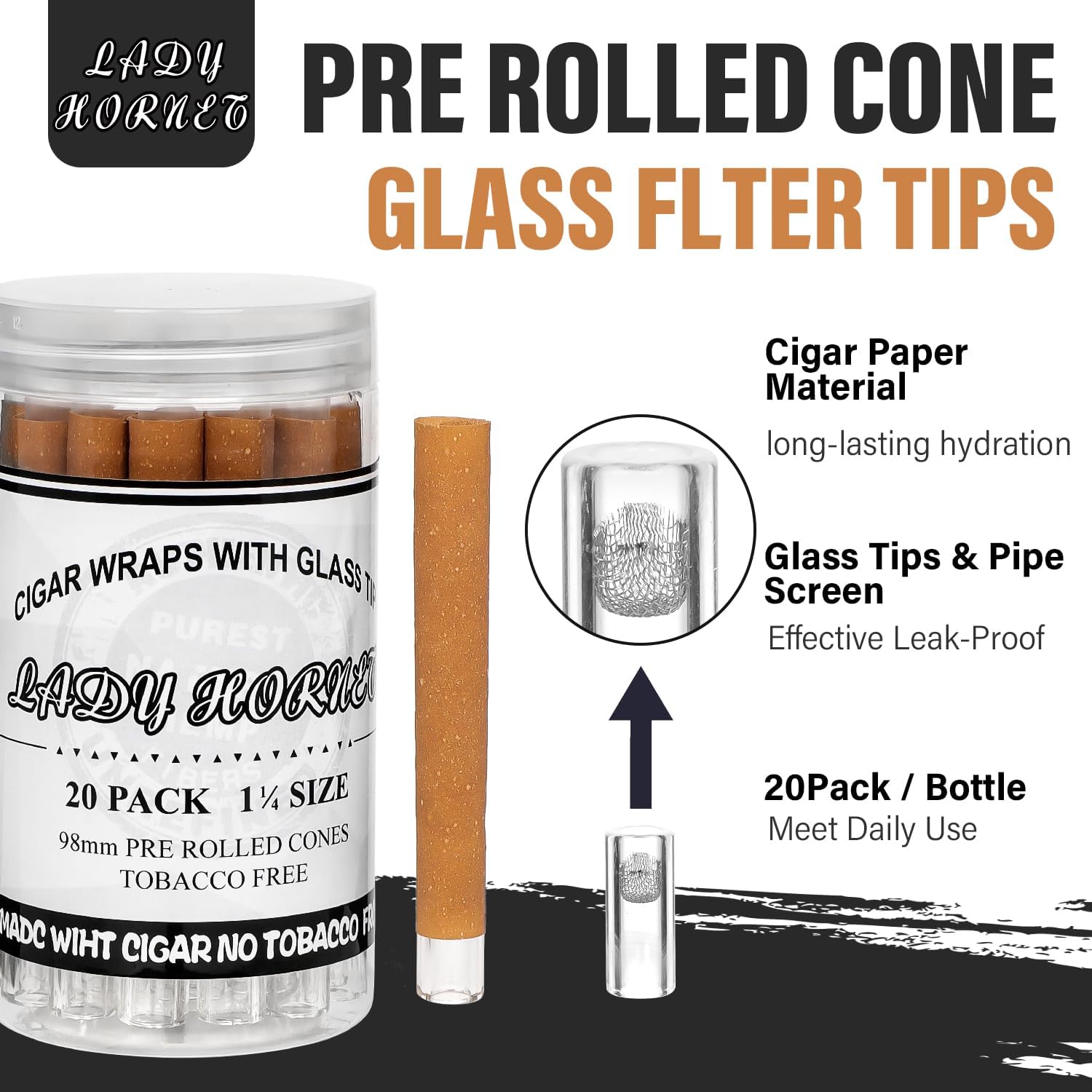 20 Pack Pre Rolled Cones With Glass Tips, King Size Pre Roll Tube Cone Rolling Papers with Glass Tipped