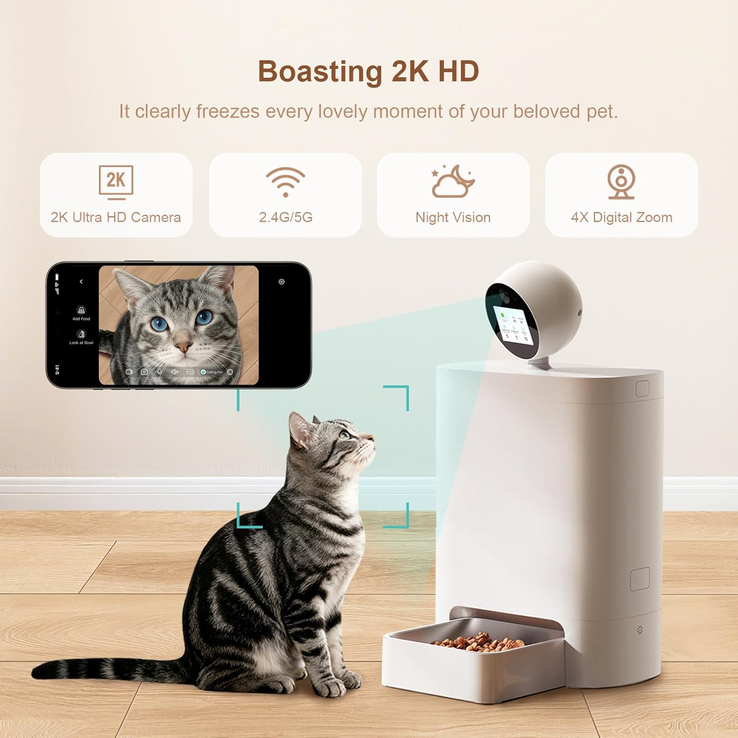 Automatic Cat Feeder with Camera 360°, 2K HD Pet Feeder with Night Vision & 2-Way Audio, Smart APP Control, AI Smart Cat Feeder, Up to 16 Meals/Day, 5.5L Timed Food Dispenser for Cats & Dogs