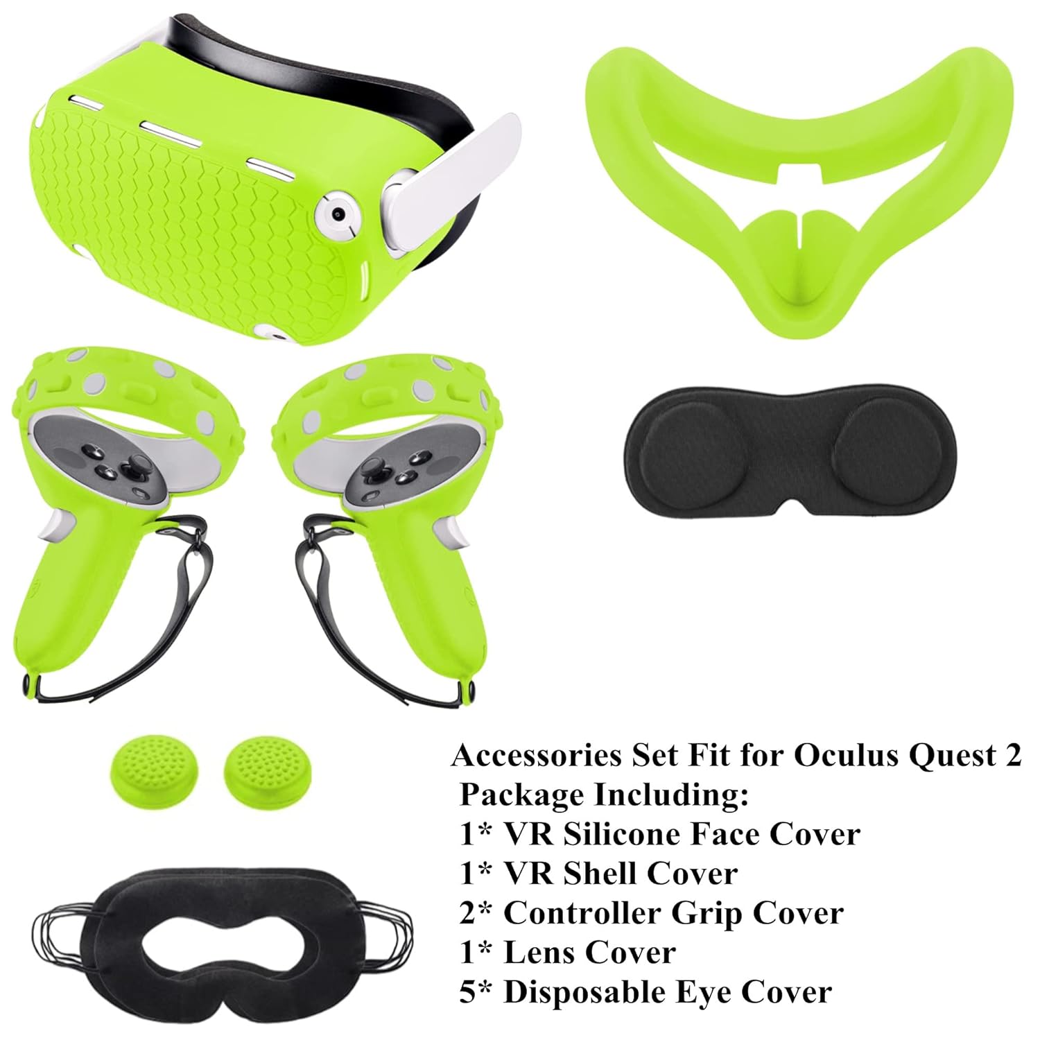 tingroun Accessories Compatible with Oculus Quest 2 Silicone Touch Controller Grip Cover, Face Cover, Headset Shell Cover, Protective Lens Case, Disposable Eye Sleeves (Green)